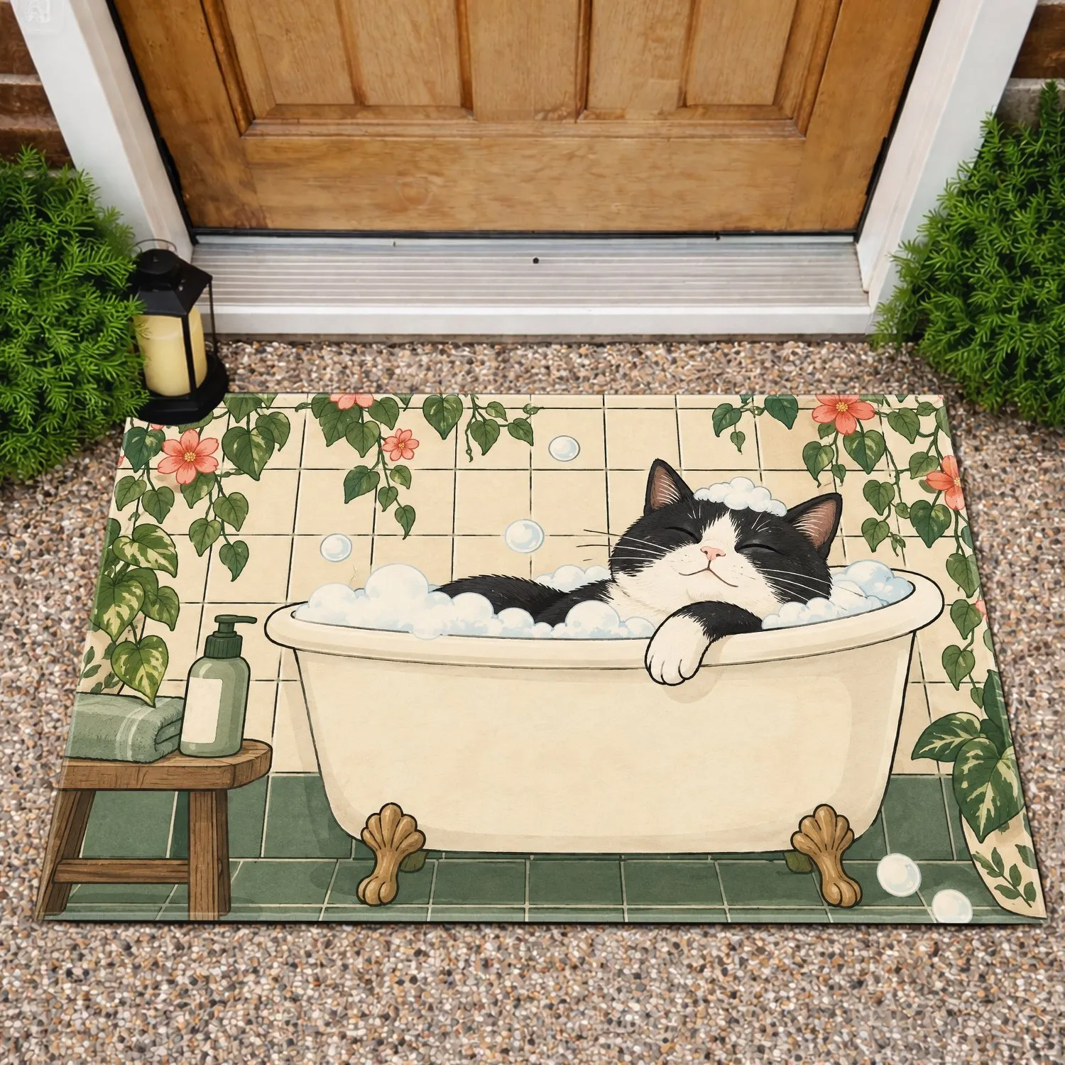 Black And White Cat Bath Scene For Cozy Pet Lover Home Decor Doormat - 1