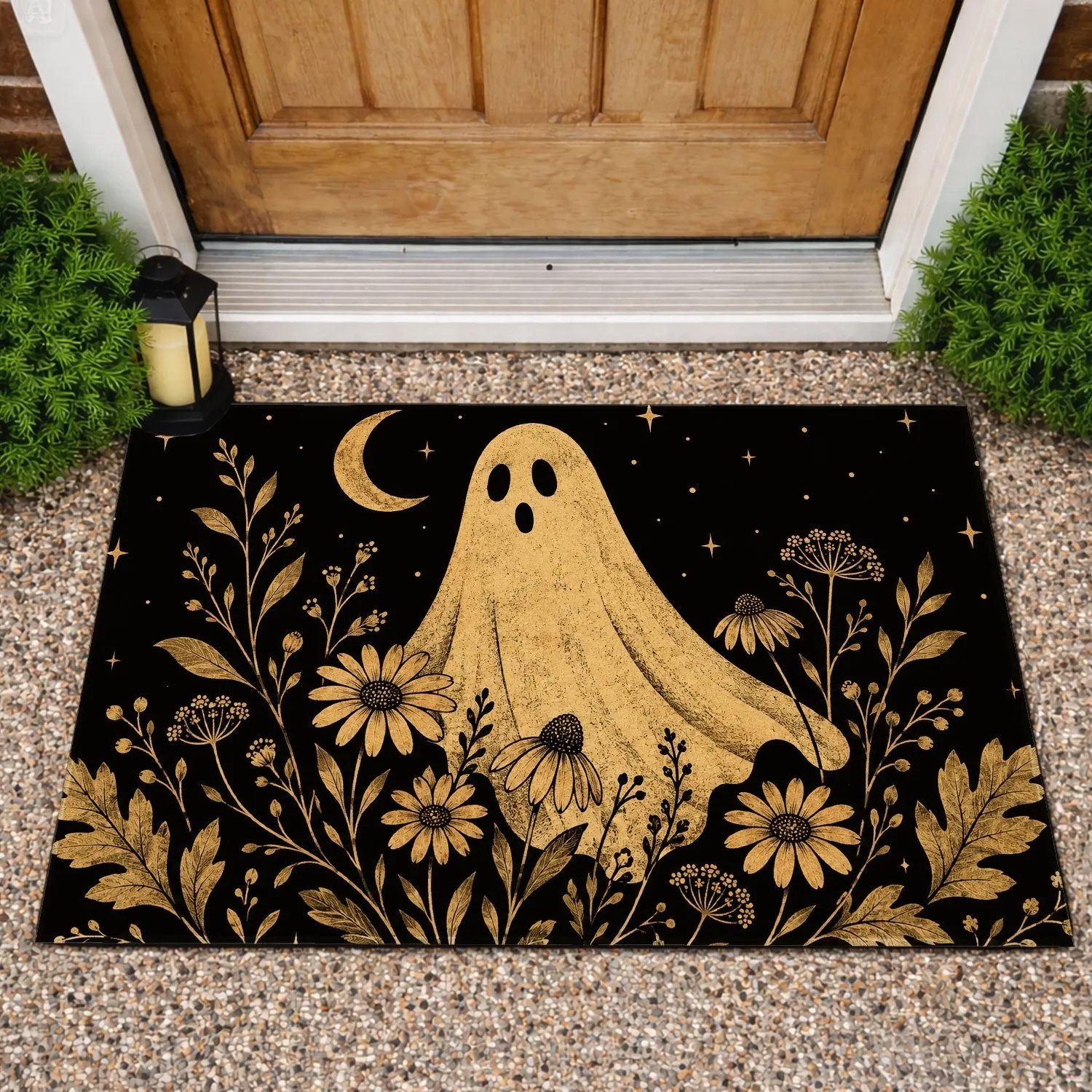 Golden Ghost With Wildflowers, Crescent Moon and Stars for Spooky Autumn Entryways Doormat - 1