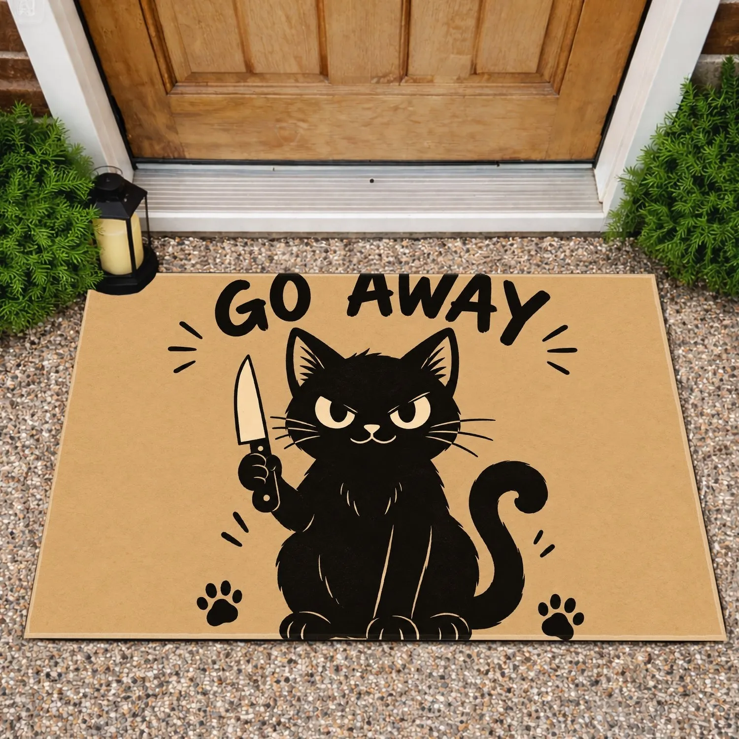 Black Cat Holding a Knife with Go Away Quote for Quirky Halloween Home Entryway Doormat - 1