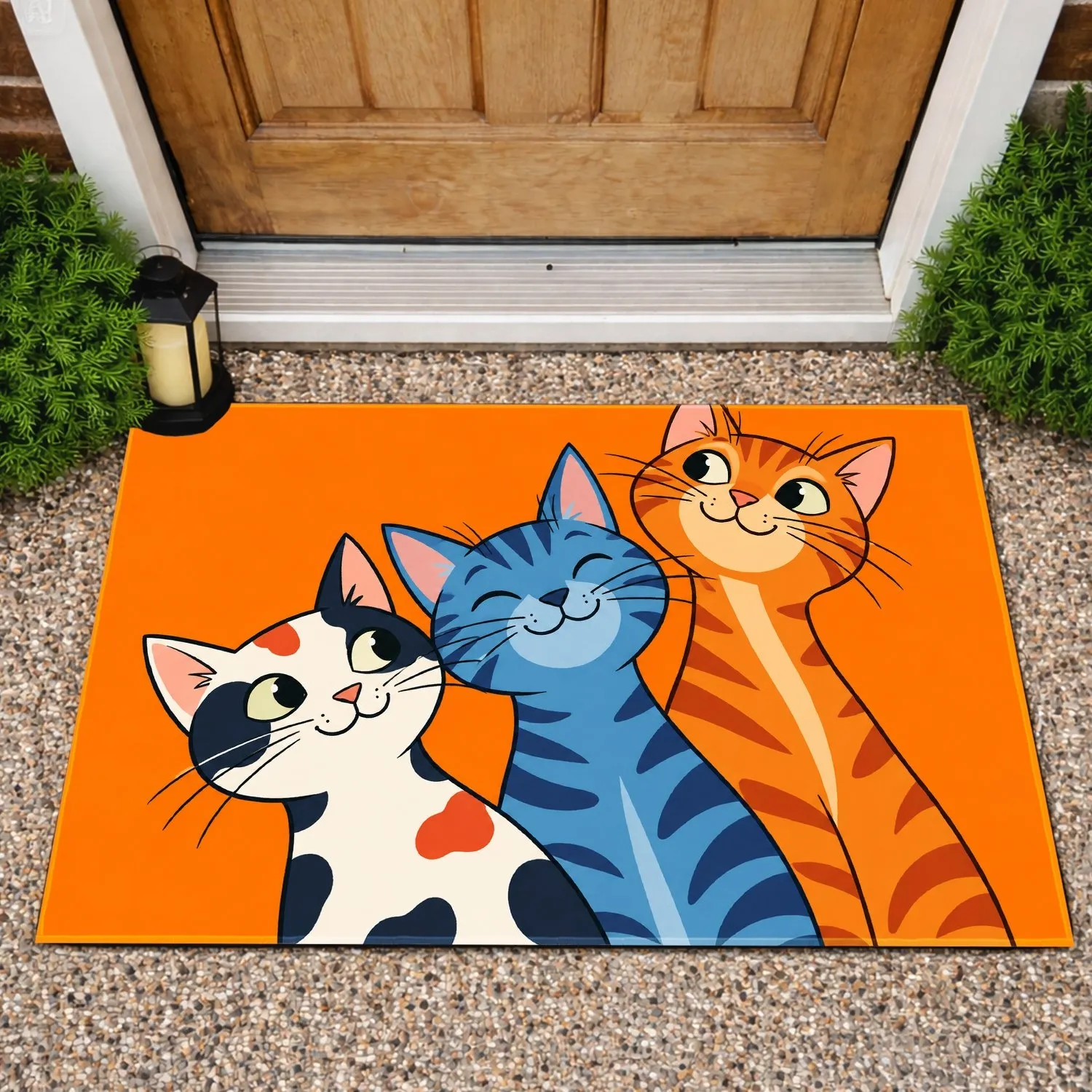 Three Cartoon Cats on Vivid Orange for Playful Cat Lover Spaces and Cozy Home Entryways Doormat - 1