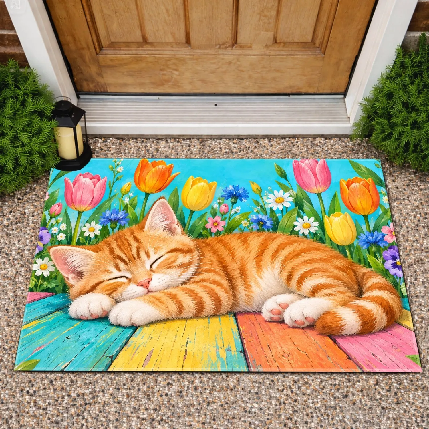 Sleeping Ginger Tabby Kitten Among Tulips and Wildflowers for Cozy Cat-Lover Homes Doormat - 1
