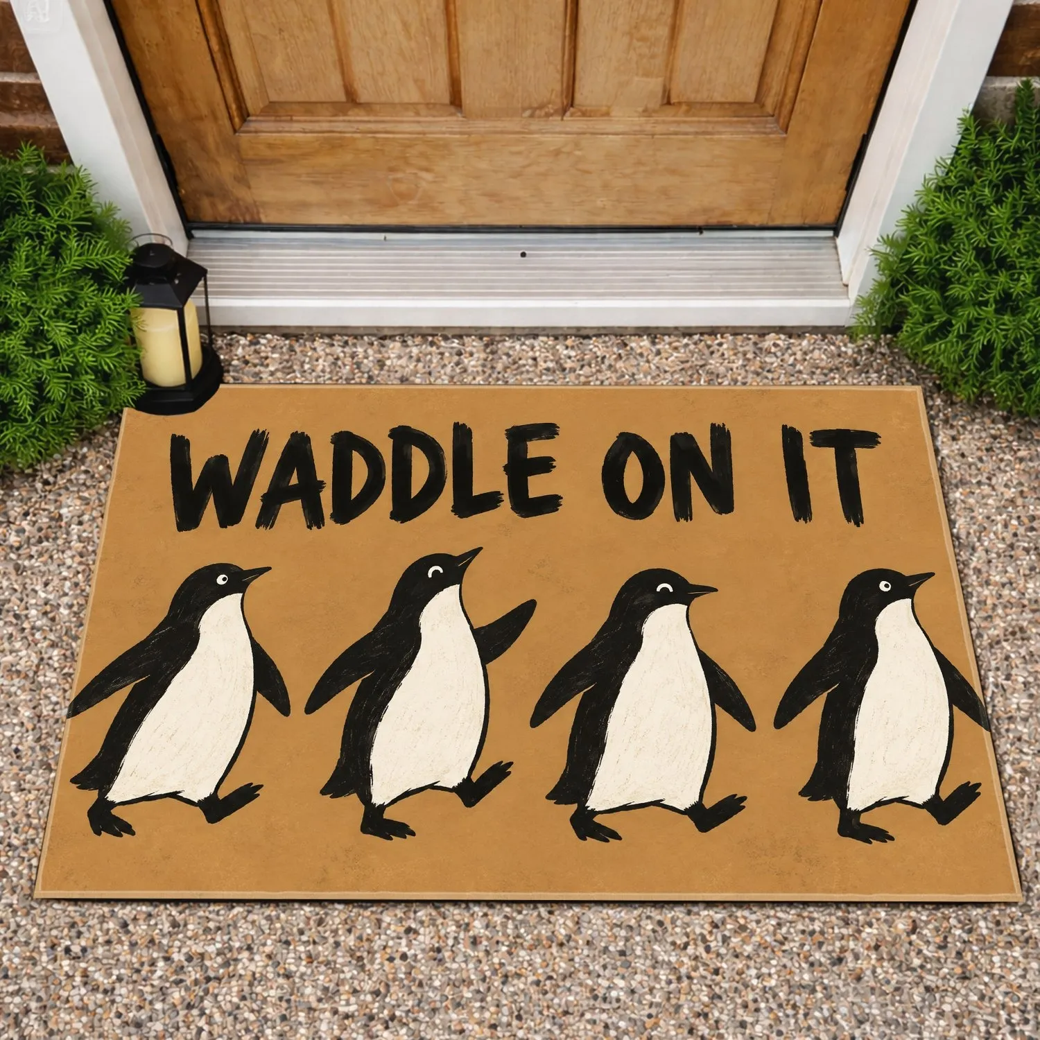 Penguin Parade Waddle On It Saying for Cheerful Winter Entryway and Bird Lovers Home Doormat - 1