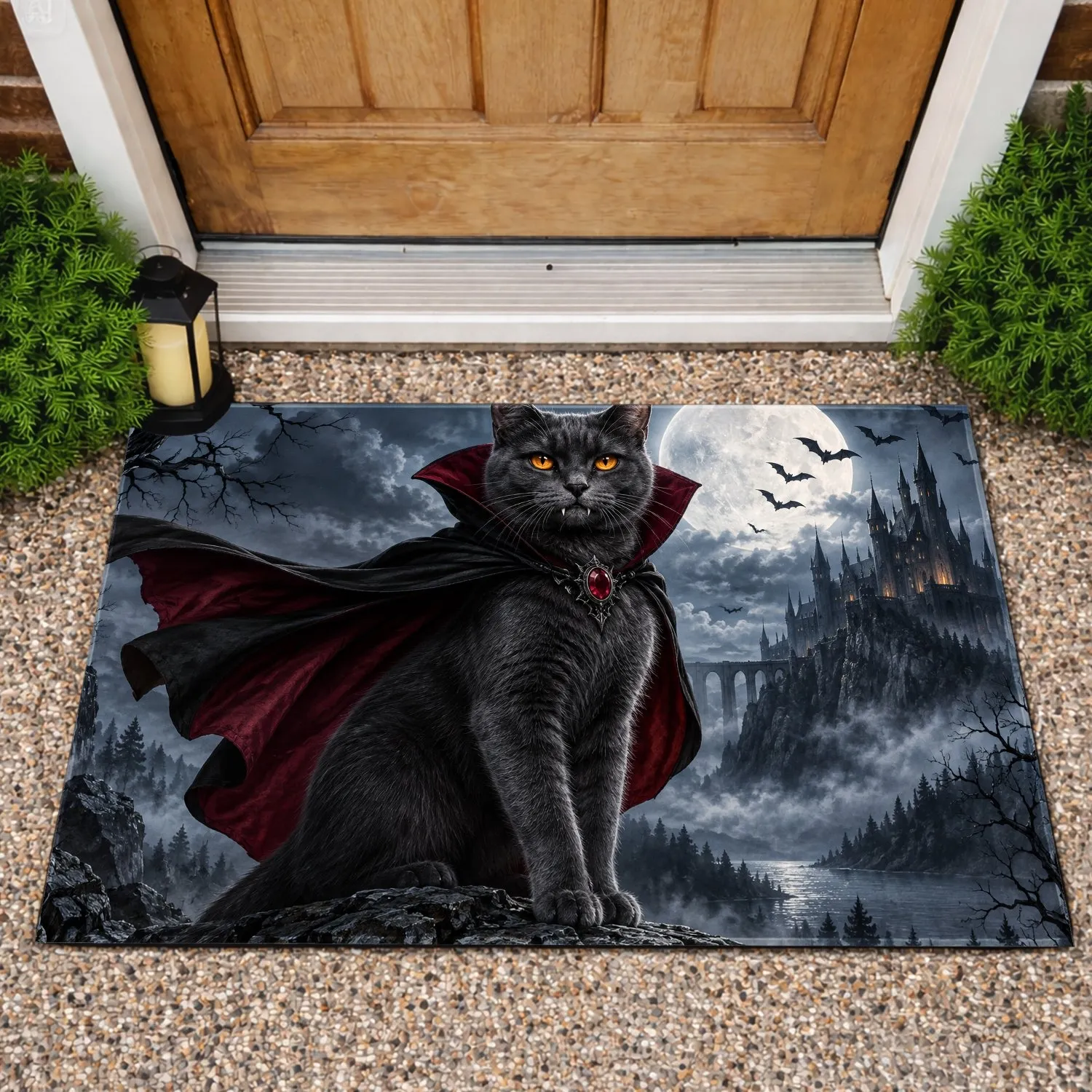 Vampire Cat Beneath Full Moon with Gothic Castle for Spooky Halloween Nights Seasonal Doormat - 1