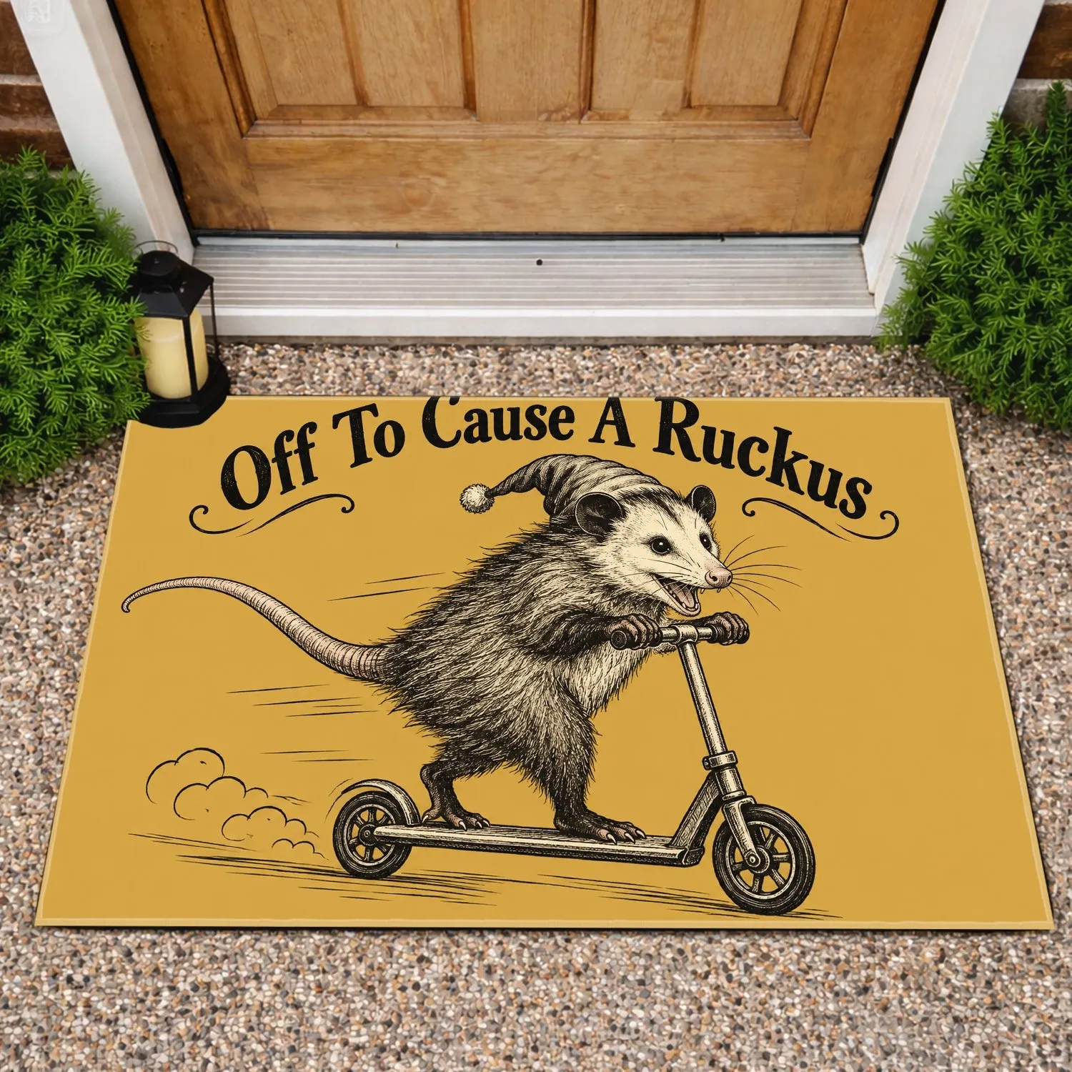 Opossum Riding Scooter Gift for Quirky Animal Lovers and Playful Kitchen Entryway Style Doormat - 1