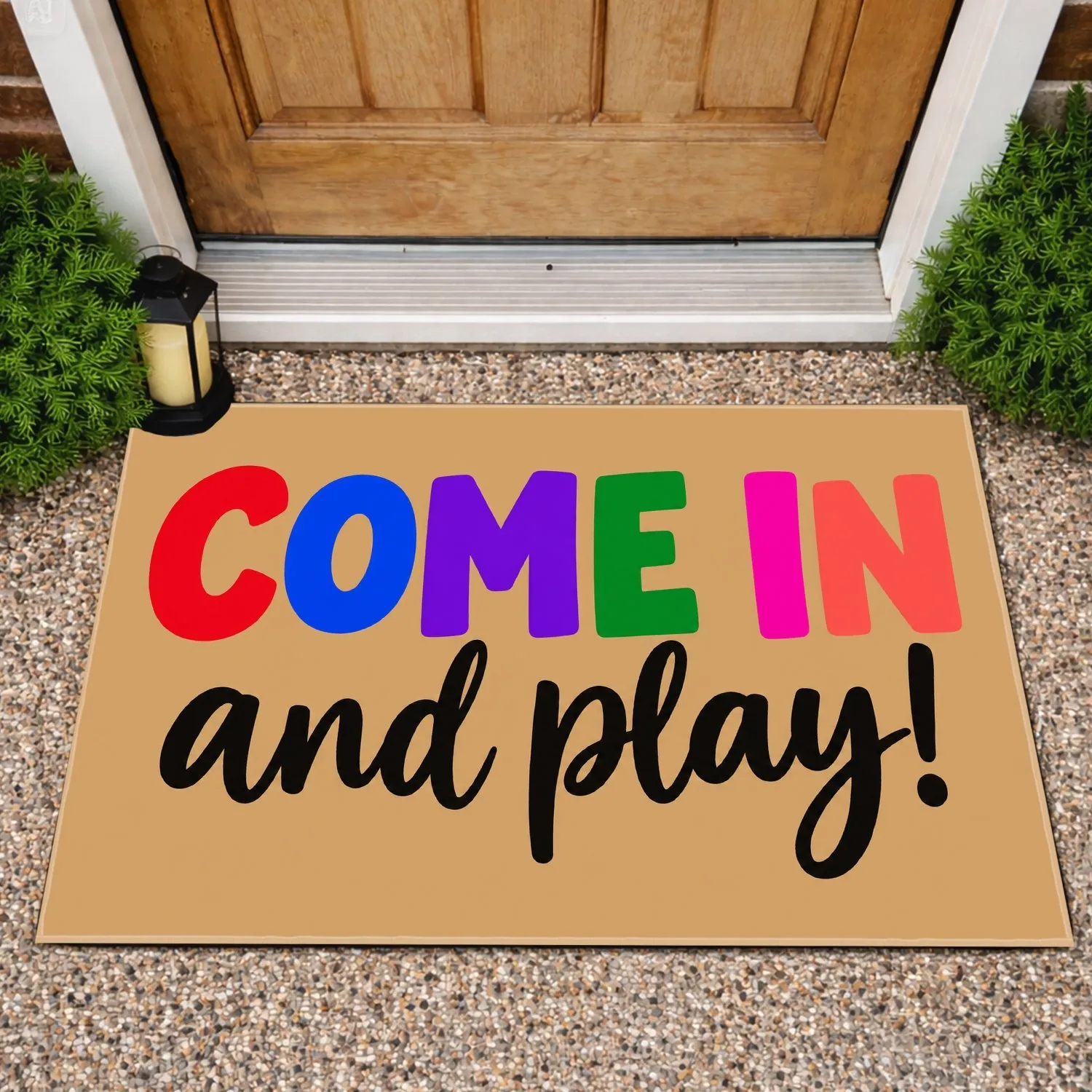 Rainbow Come In and Play Lettering for Cheerful Family Entryways and Playful Homes Doormat - 1