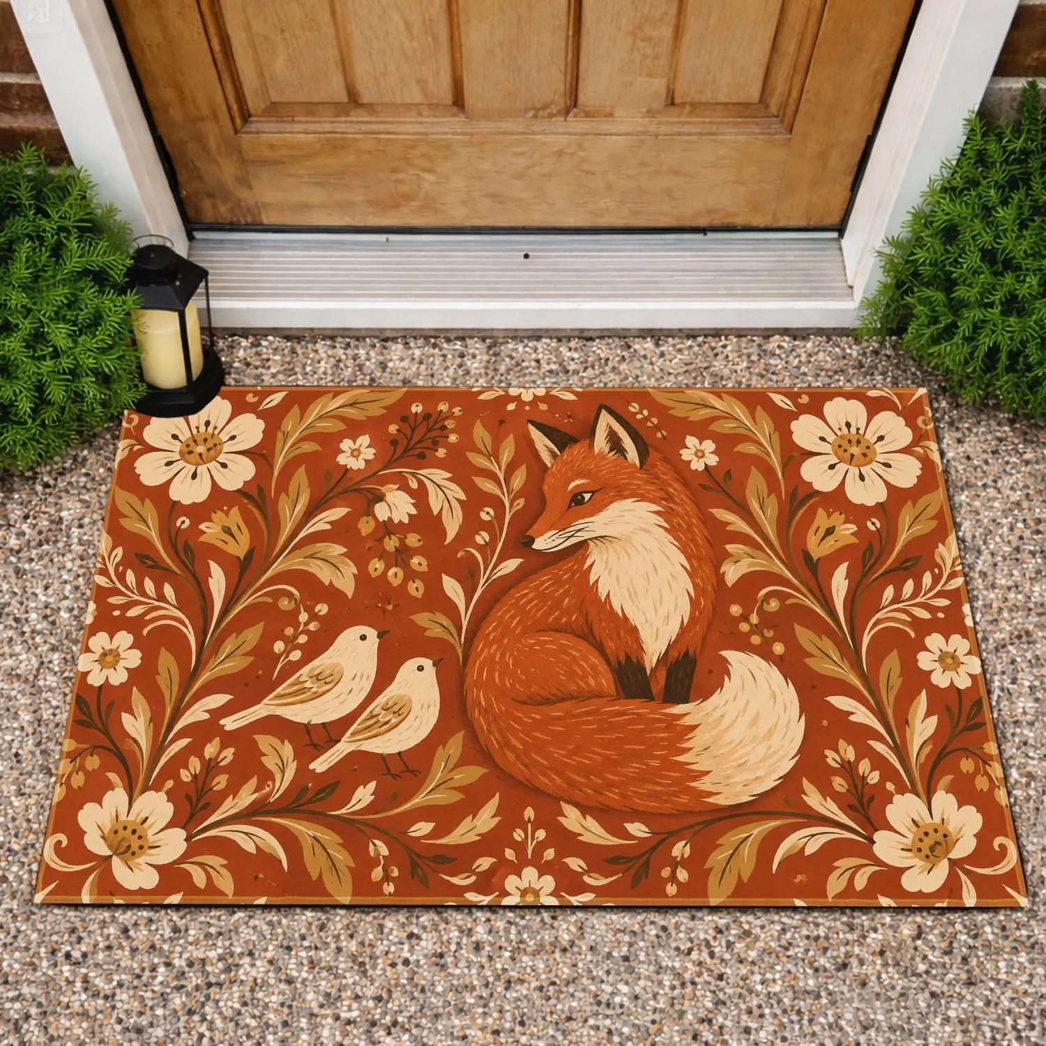 Rustic Folk Fox And Two Songbirds With Botanicals For Cozy Cottage Entryway Charm Doormat - 1