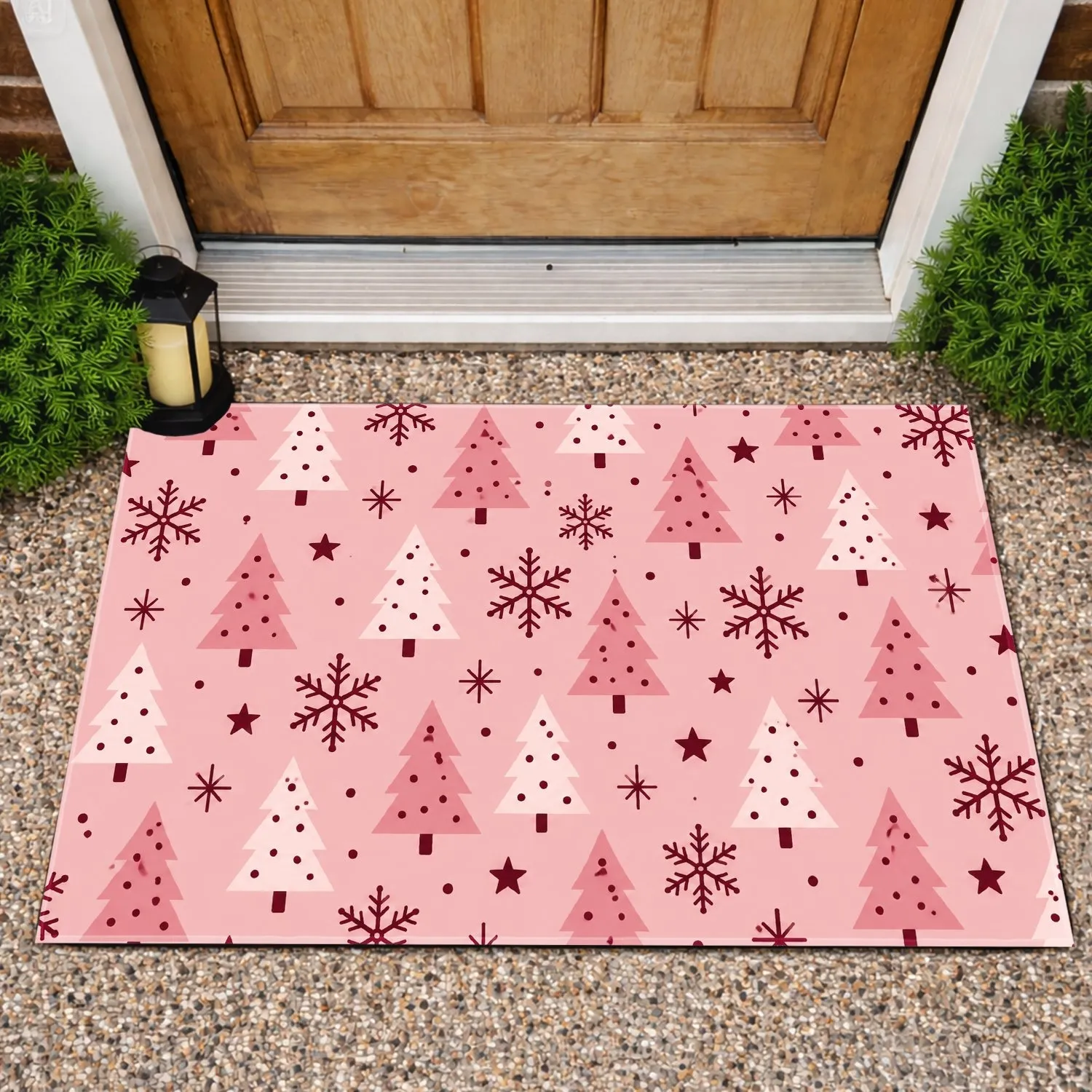 Pink Christmas Trees And Snowflakes For A Cheerful Holiday Home This Winter Season Doormat - 1