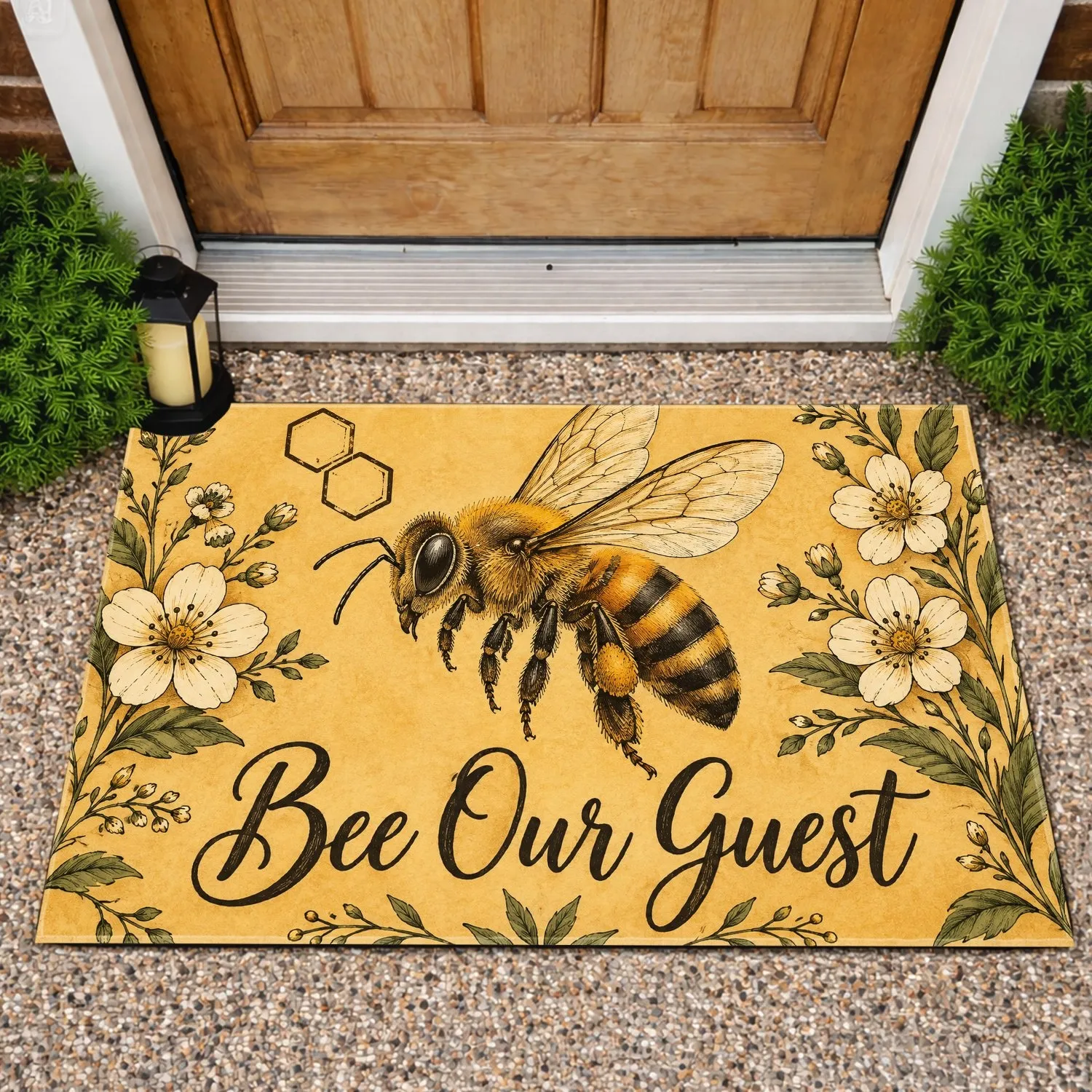 Honeybee And Wildflower Botanical Art For A Charming Farmhouse Entryway Doormat - 1