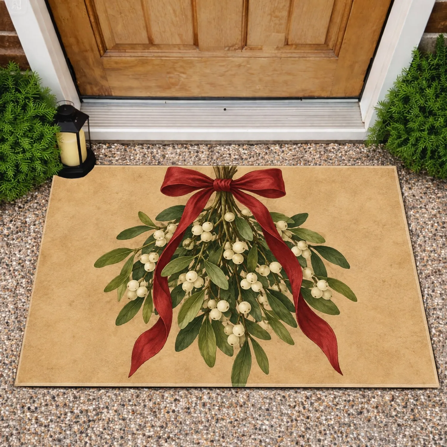 Red Ribbon Mistletoe Botanical for Cozy Christmas Entryway and Holiday Home Styling Doormat - 1
