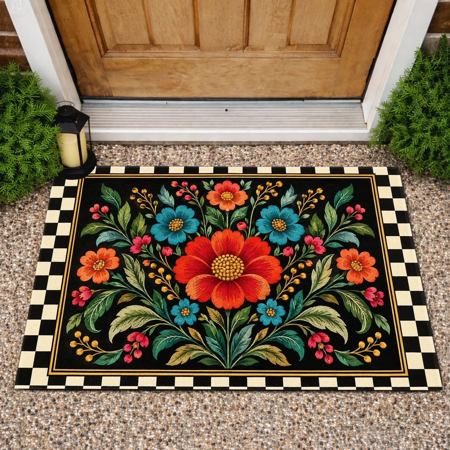 Vintage Floral Bouquet with Checkerboard Border for Eclectic Cottage Entryway Style Doormat - 1