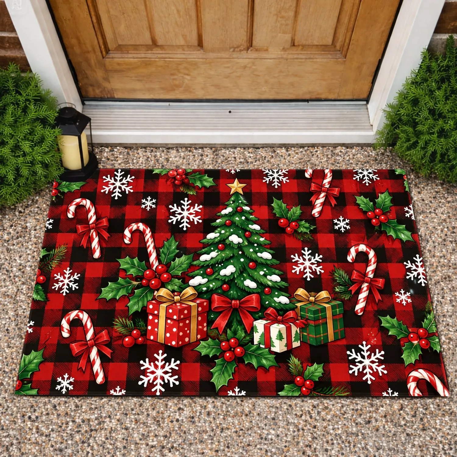 Red Plaid Christmas Holly, Candy Canes And Snowflakes For Cozy Winter Holiday Decor Doormat - 1