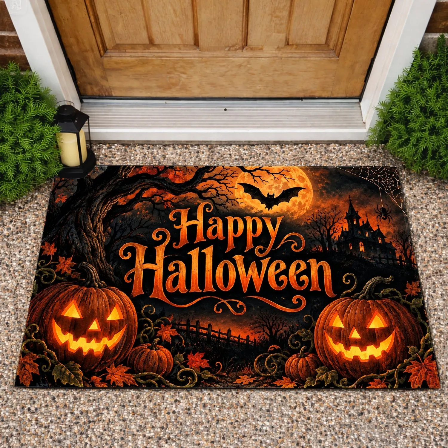 Glowing Jack-O’-Lanterns And Spiderwebs For Spooky Halloween Season Doormat - 1