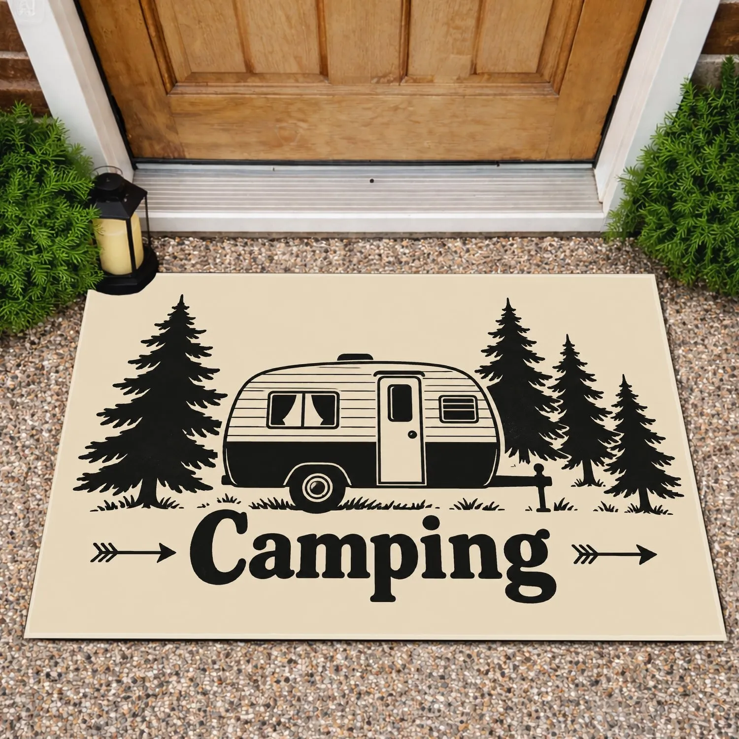 Camper Trailer and Pine Trees for Rustic Camping Trips, Cabins, and Outdoor Lovers Doormat - 1