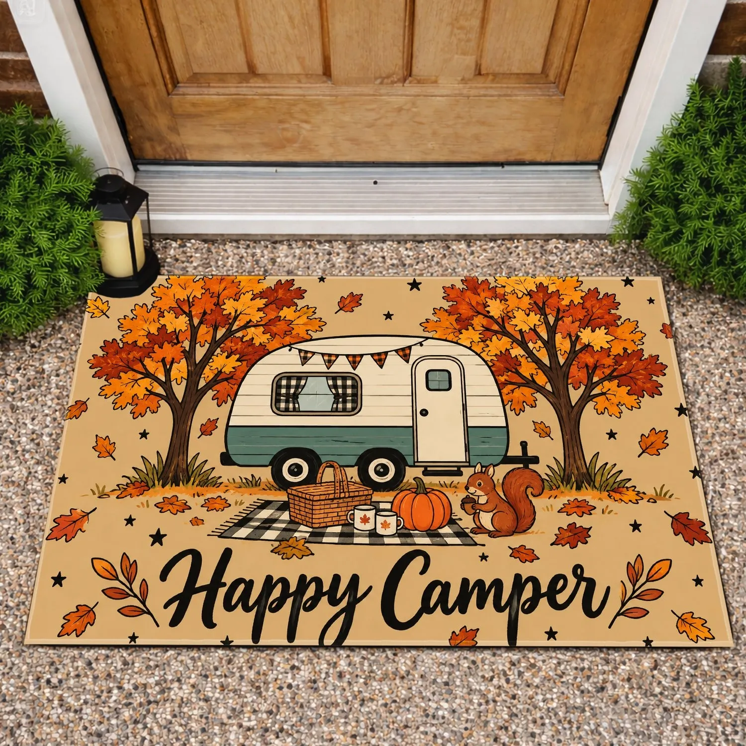 Autumn Camping Trailer With Forest Trees And Picnic Scene For Happy Camper Enthusiasts Doormat - 1