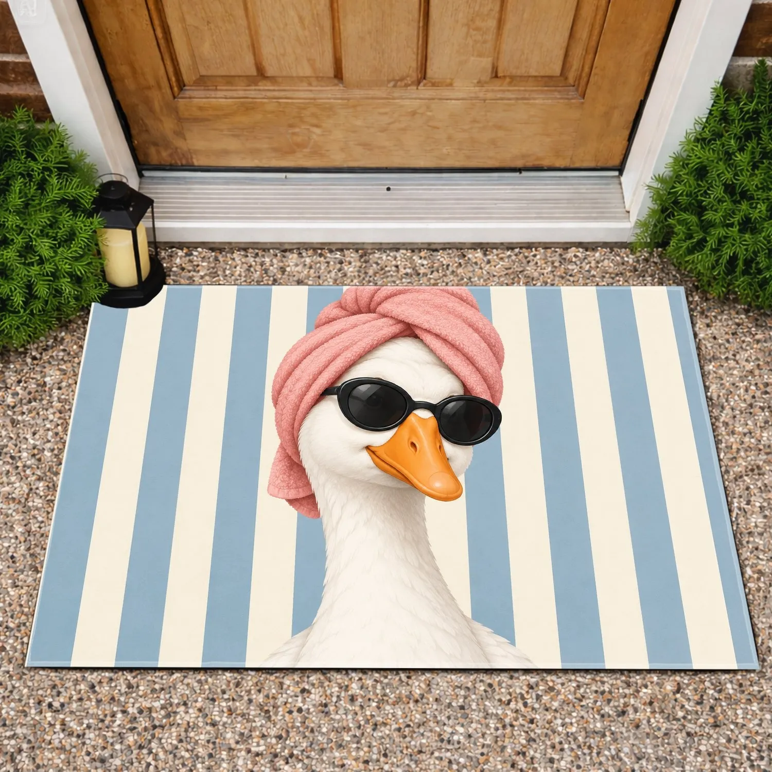 White Goose In Pink Towel Turban For A Playful Bathroom Spa Retreat Doormat - 1