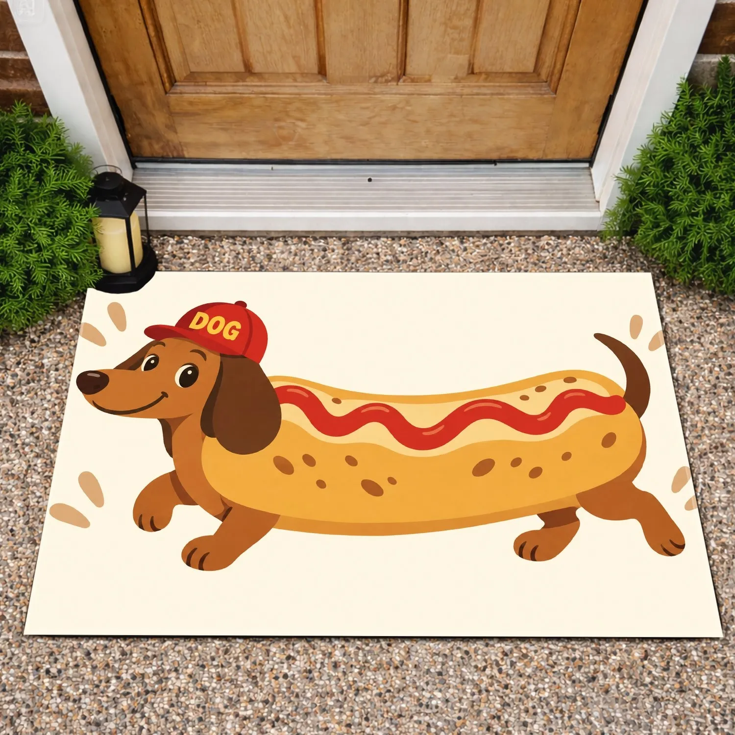 Cheerful Cartoon Dachshund in Hot Dog Costume and Red Cap for Playful Pet Lovers Doormat - 1