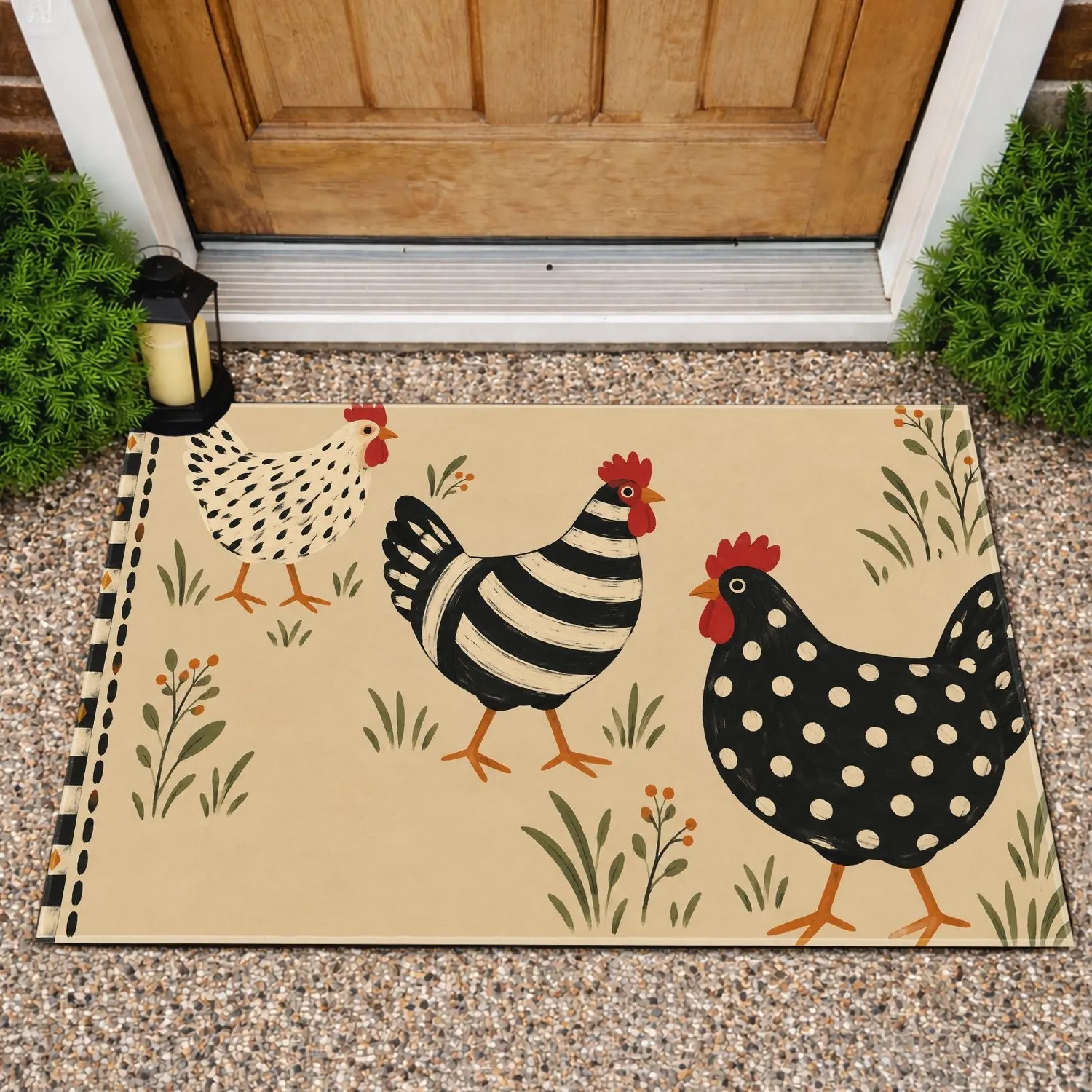 Rustic Folk Art Hens and Chickens for Cozy Farmhouse Kitchen Country Living Style Doormat - 1