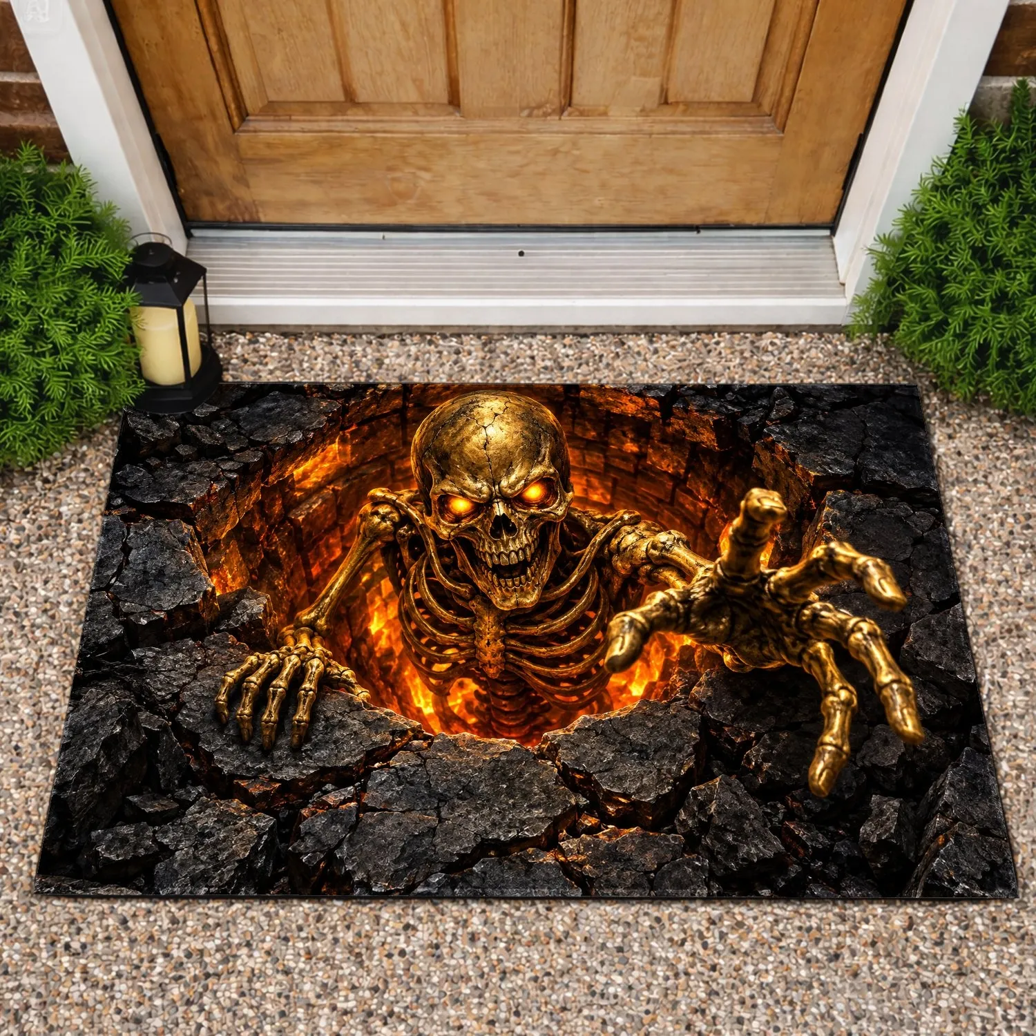 Glowing Golden Skeleton Emerging From Cracked Stone Well for Halloween Horror Fans Doormat - 1