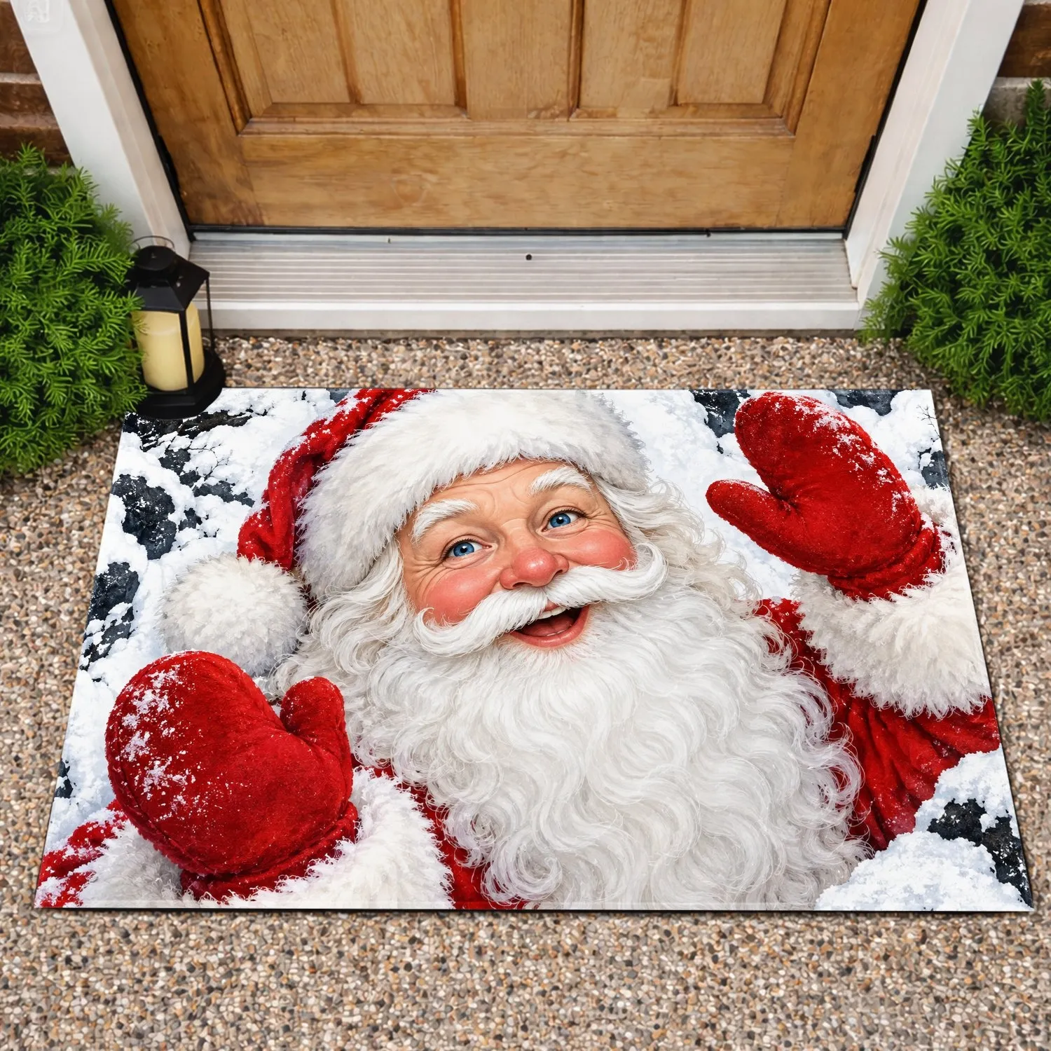 Jolly Santa Face With Red Mittens For Christmas Holiday Cheer And Seasonal Home Decorating Doormat - 1