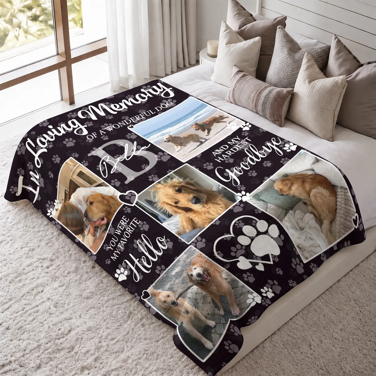 Personalized Dog Memorial Photo Blanket – Custom Pet Name, Initial & 5 Photos, In Loving Memory Pet Loss Sympathy Gift - 1
