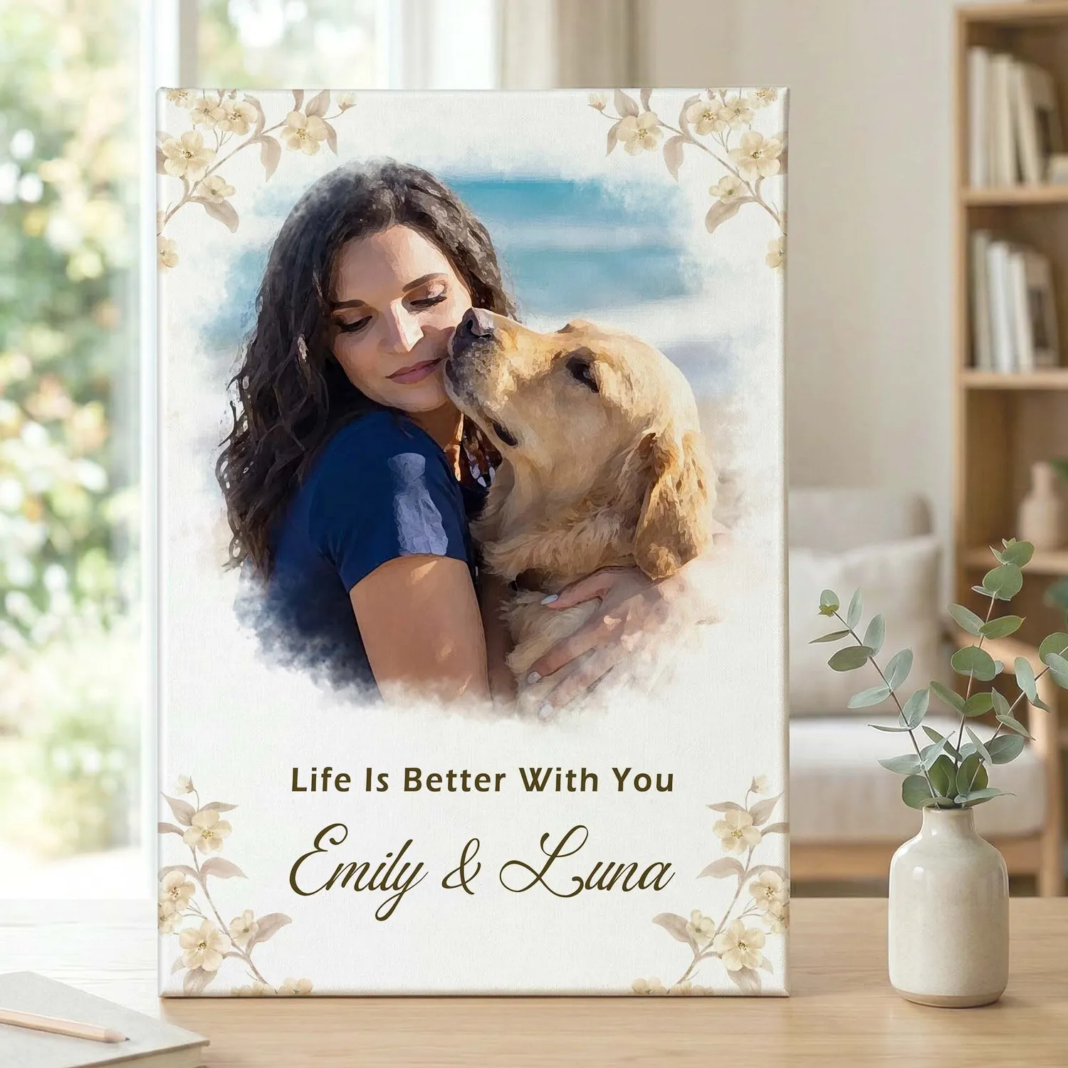 Personalized Watercolor Pet Portrait Canvas – Custom Dog and Owner Painting with Names, Christmas Gift for Dog Mom - 1
