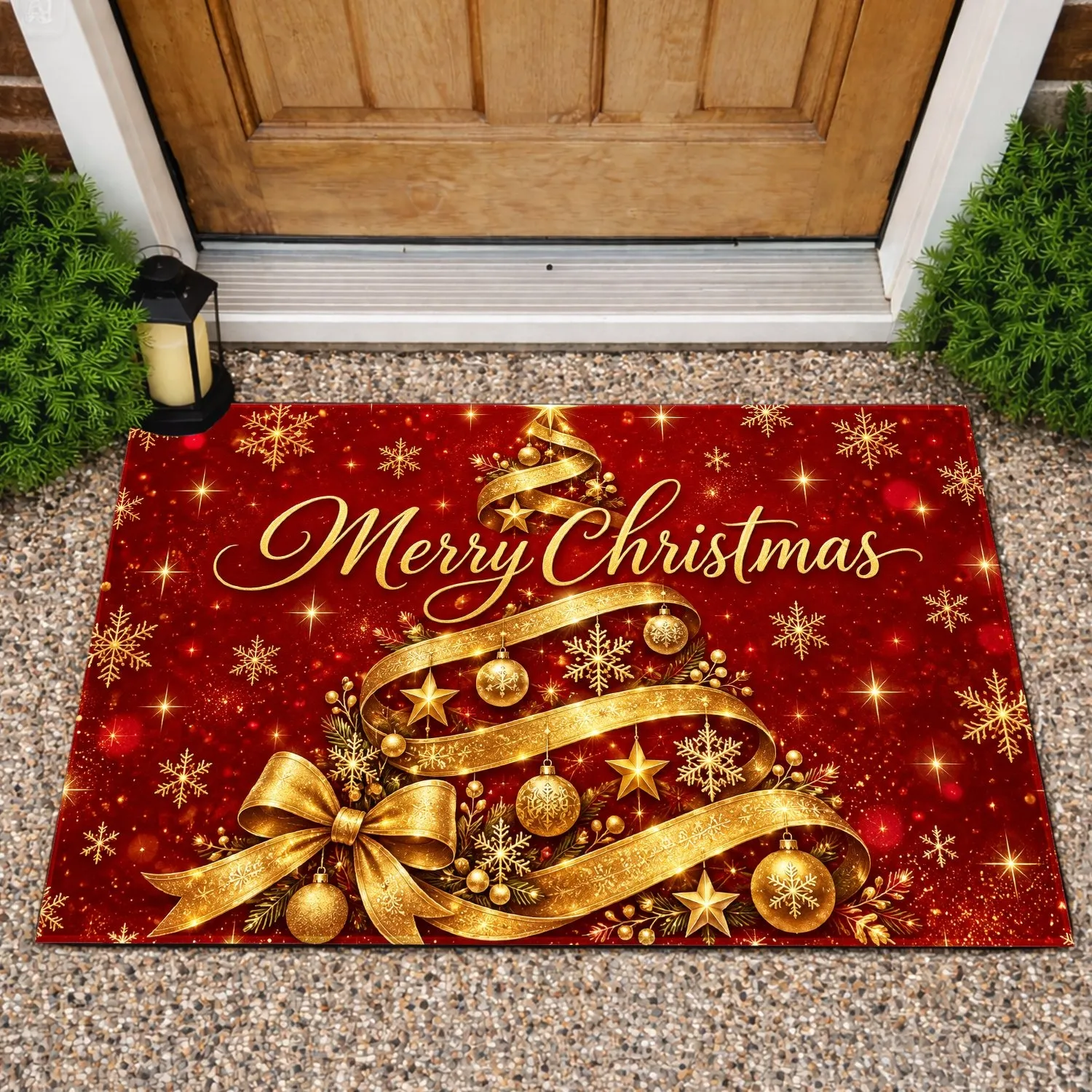 Golden Spiral Christmas Tree And Snowflakes For Festive Winter Holiday Entryway Decor Doormat - 1