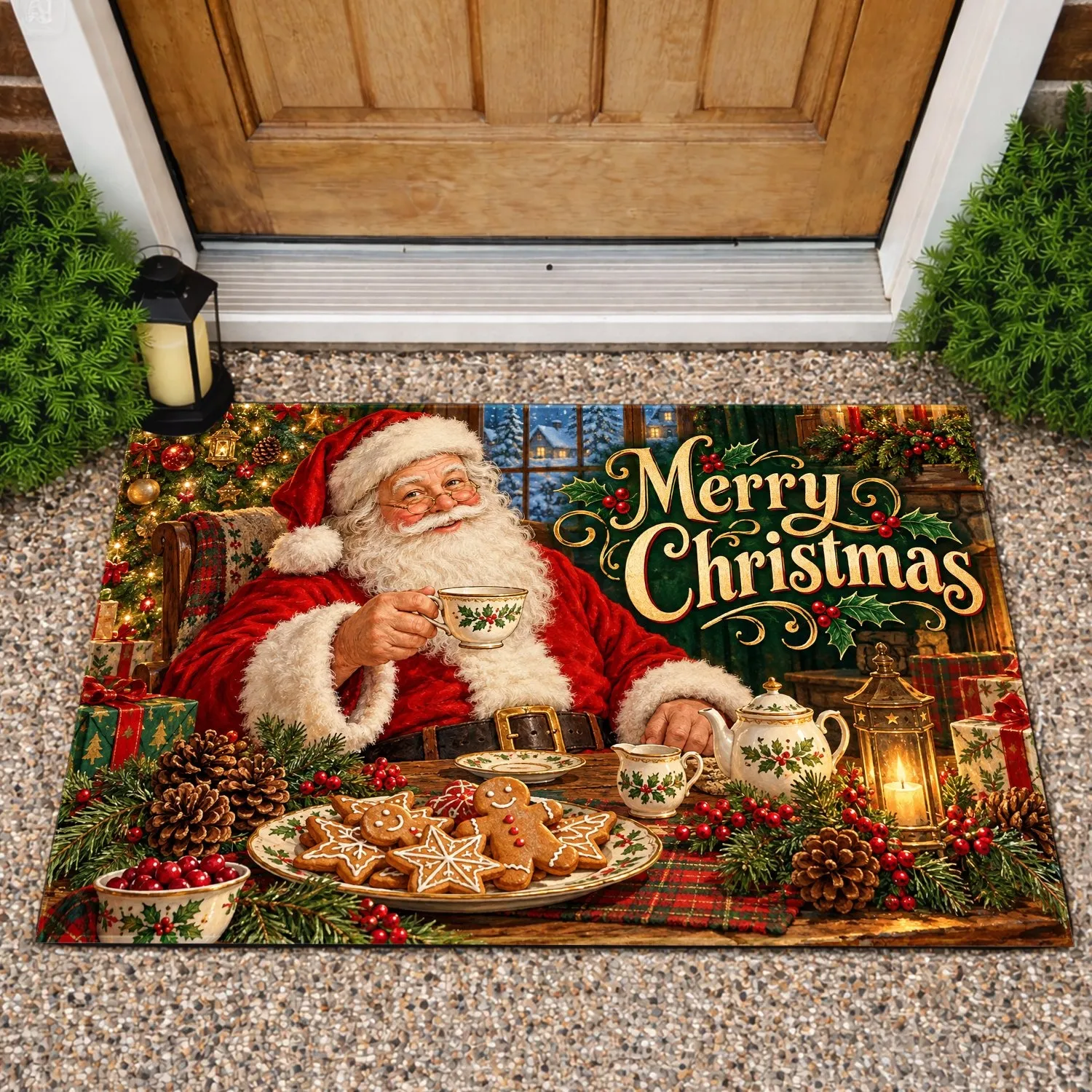 Vintage Santa Christmas Tea Party With Gingerbread And Pine Cones For Holiday Cheer Doormat - 1