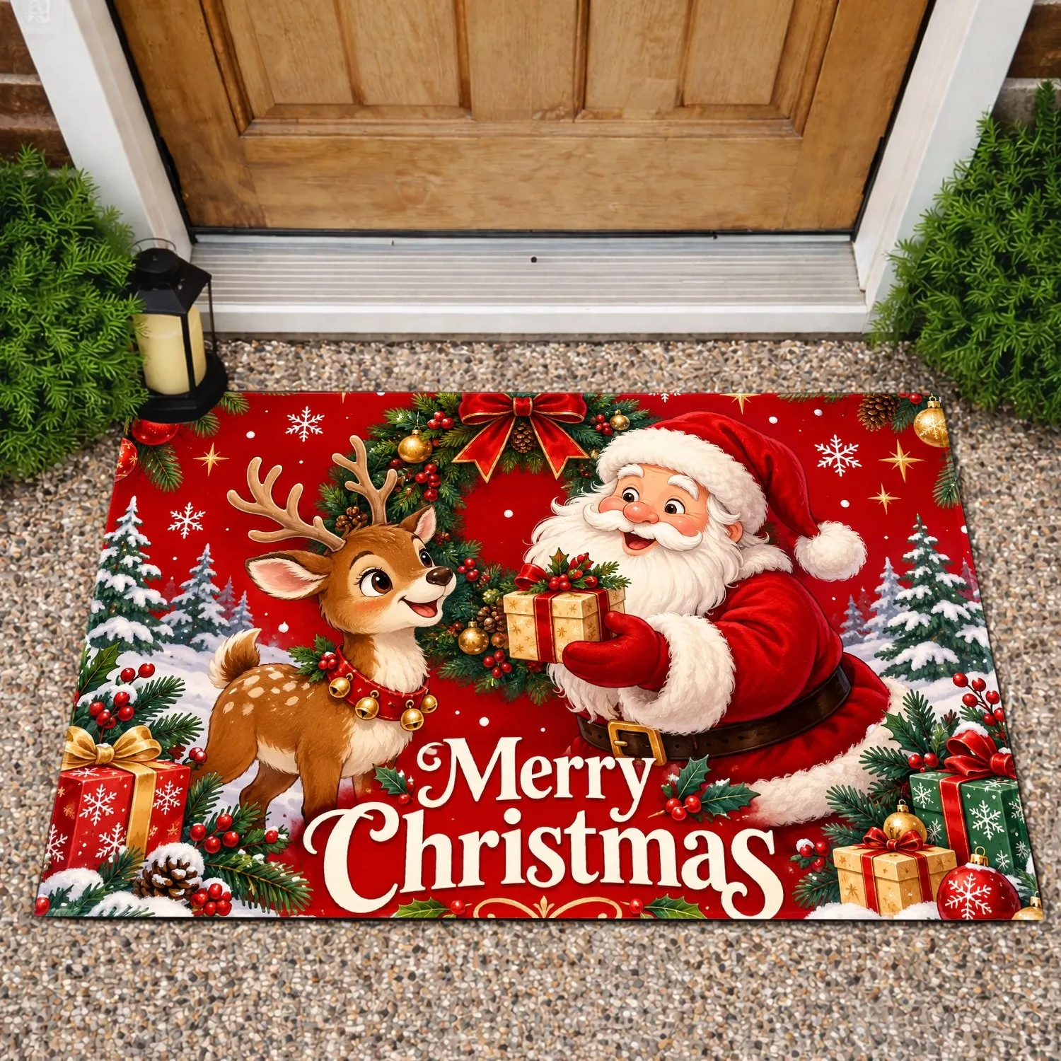 Santa Claus Reindeer Wreath Christmas Cheer for Holiday Home Entryway Decor Doormat - 1