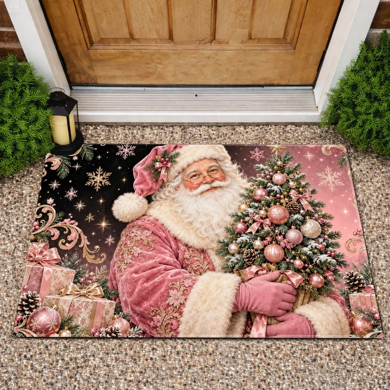 Pink Santa With Ornament Tree for Elegant Vintage Christmas Home Celebrations Doormat - 1