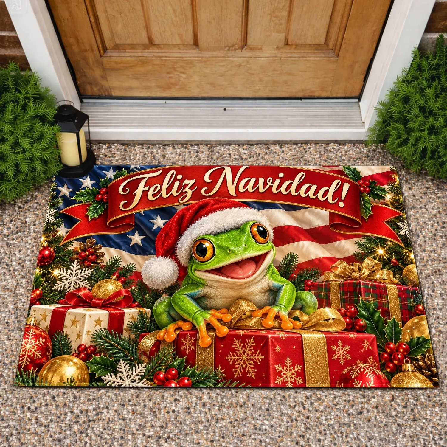 Santa-Hat Green Frog Christmas Scene With Gifts for Festive Holiday Home Decorating Doormat - 1