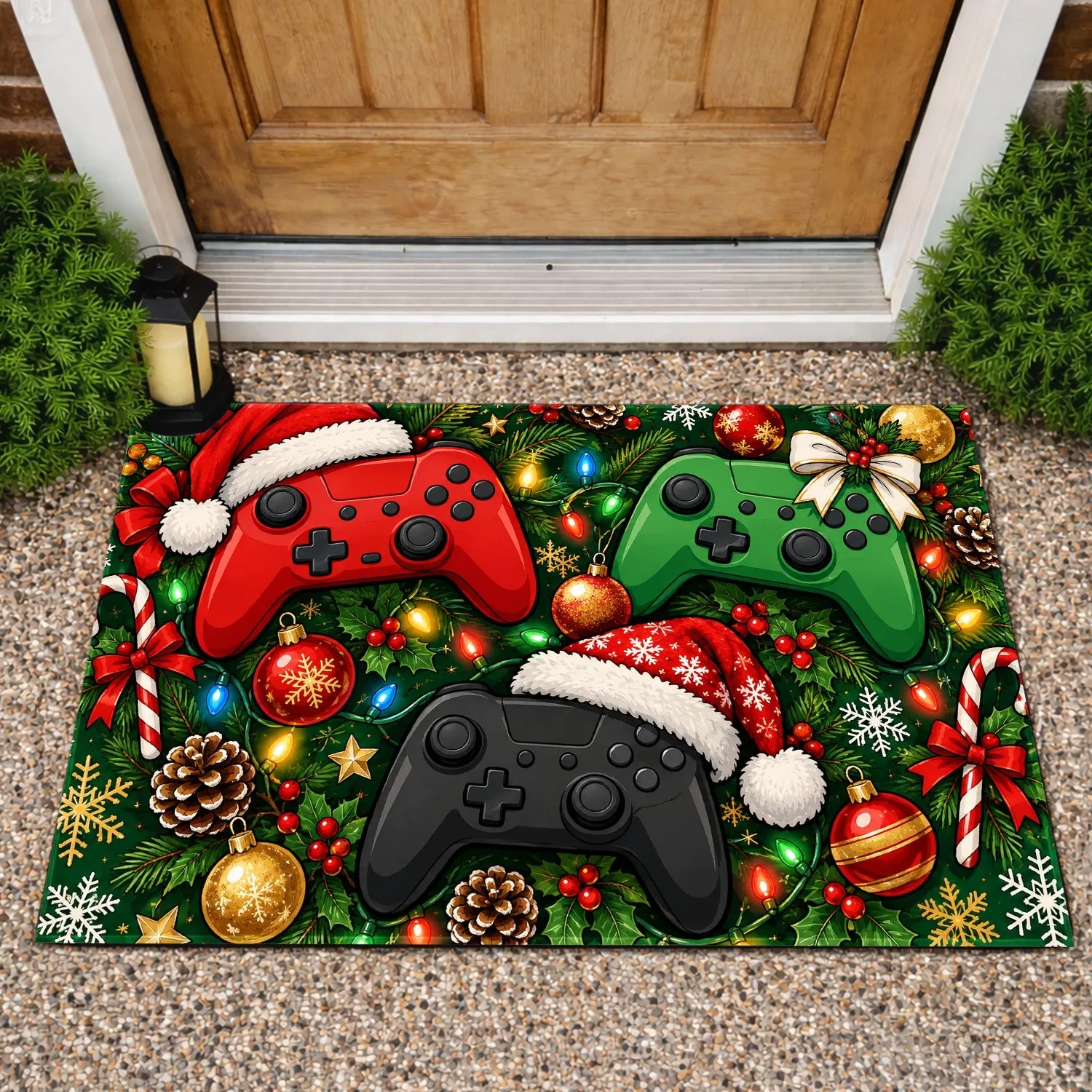 Christmas Gamer Controllers With Santa Hats for Holiday Gaming Room Decor Doormat - 1