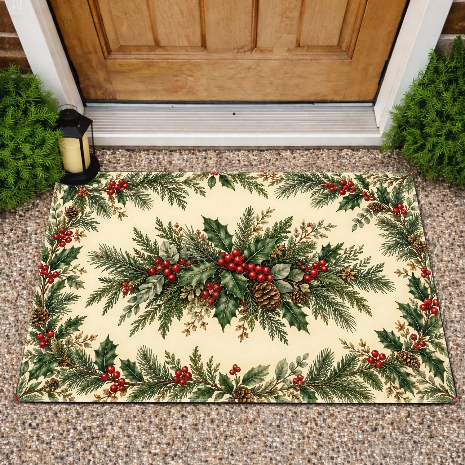 Vintage Holly Berry Pine Sprigs for Christmas Farmhouse Entryway Seasonal Style Doormat - 1