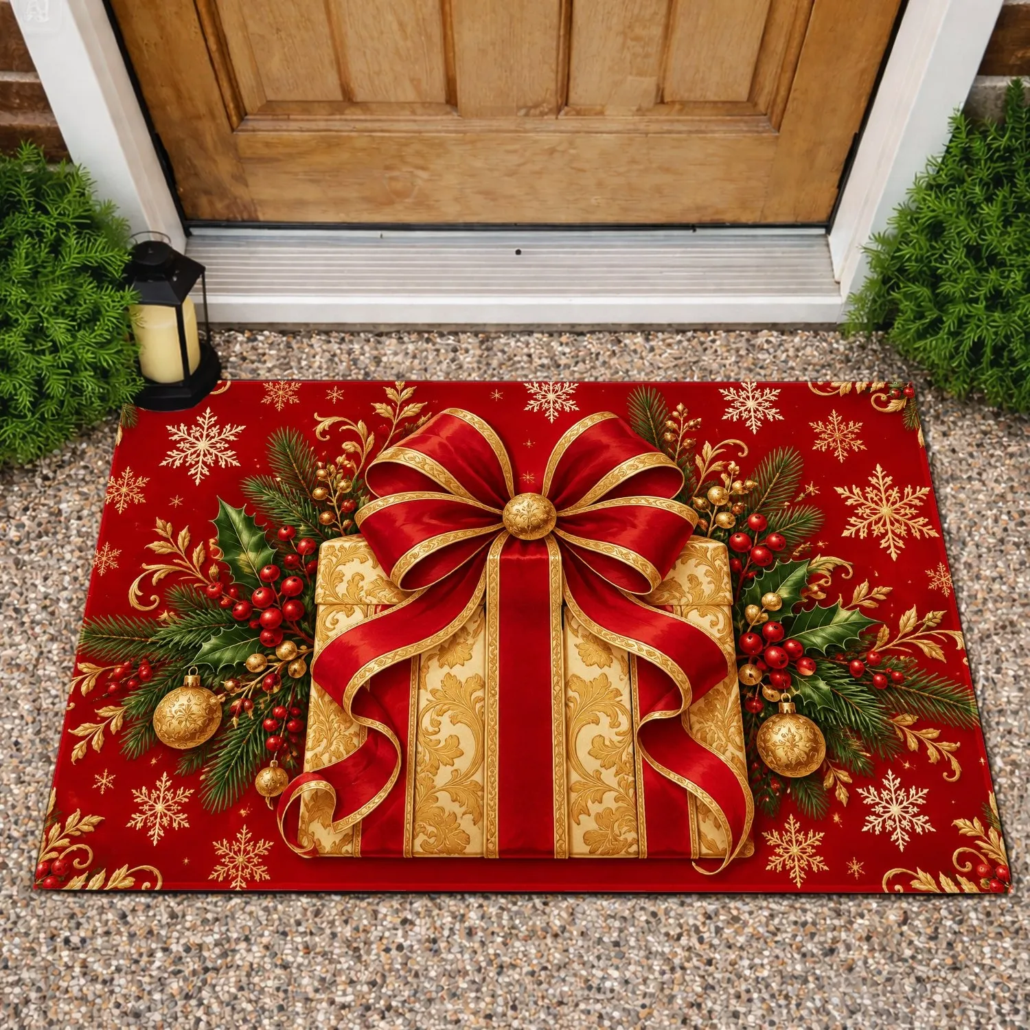 Red Gold Gift Bow and Holly Christmas Decor for Festive Holiday Homes Doormat - 1