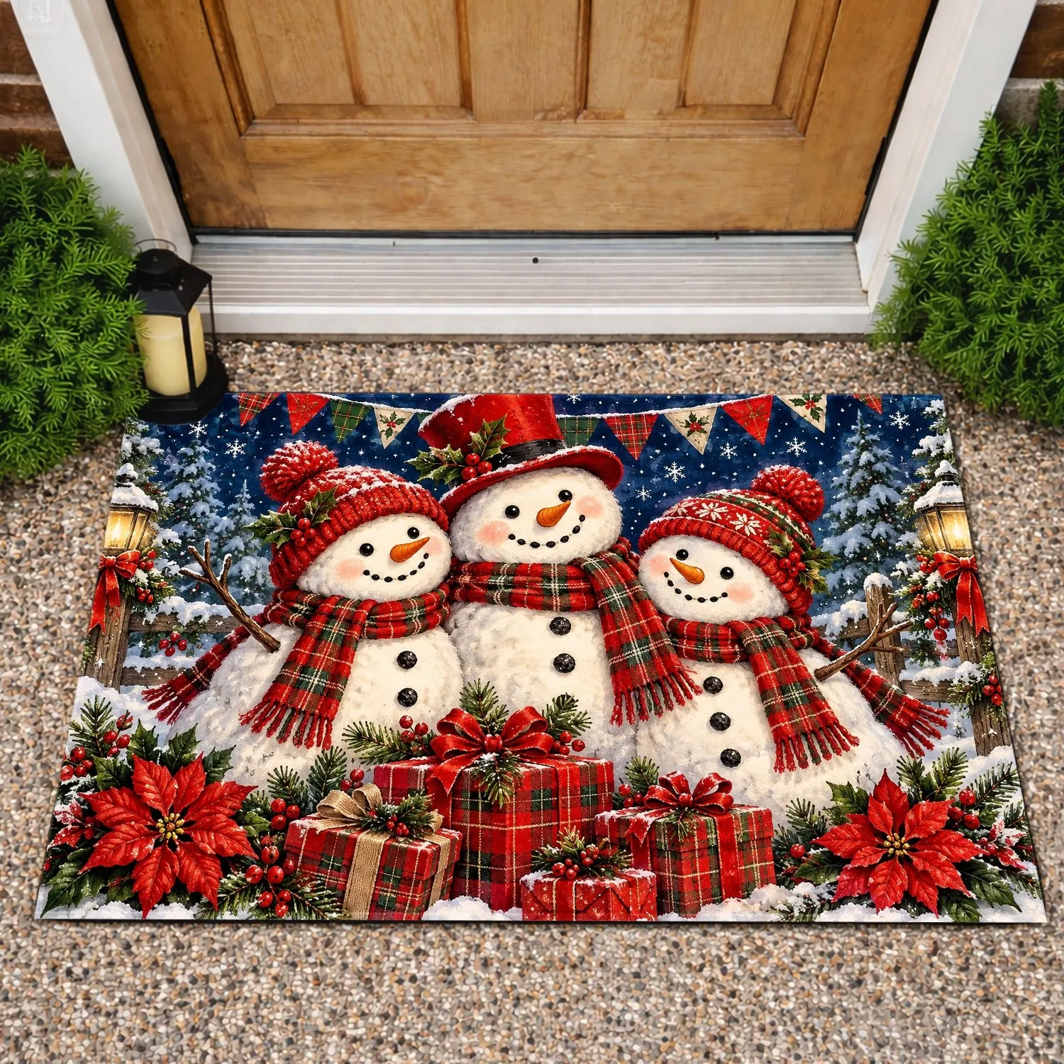 Three Snowmen and Red Gifts for Cozy Christmas Winter Holiday Home Seasonal Cheer Doormat - 1