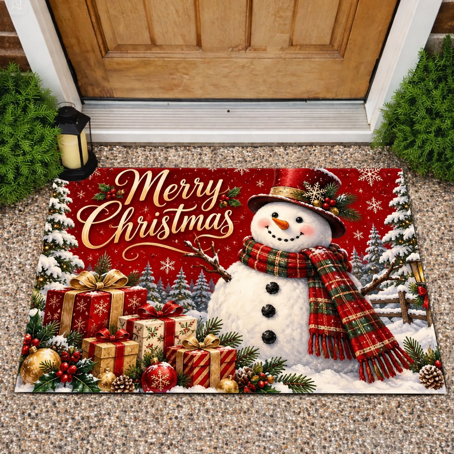 Cheerful Christmas Snowman and Cabin Scene for Cozy Holiday Home Entryway Seasonal Decor Doormat - 1