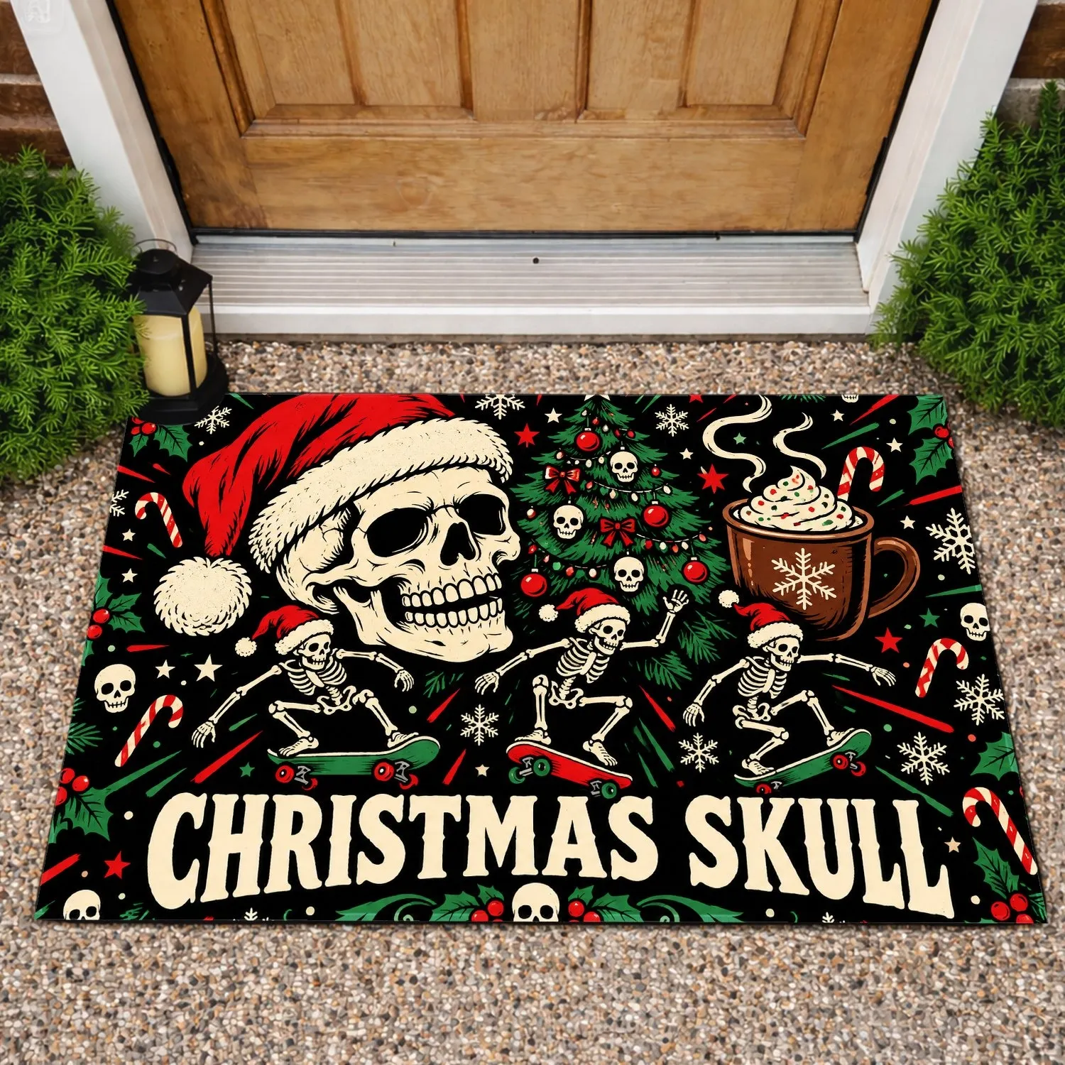 Santa Hat Skull and Skeletons for Spooky Christmas Celebrations and Holiday Home Style Doormat - 1
