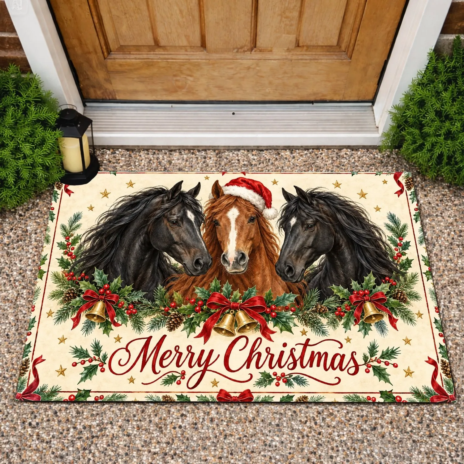 Three Christmas Horses with Holly, Santa Hat and Bows for Festive Holiday Homes Doormat - 1
