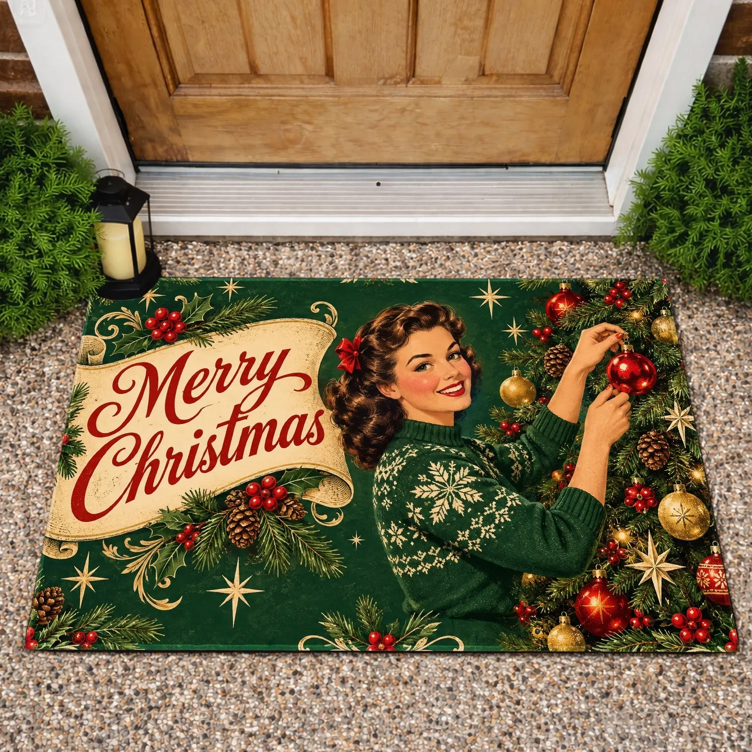 Vintage Woman Hanging Christmas Ornament for a Nostalgic Holiday Home Celebration Doormat - 1