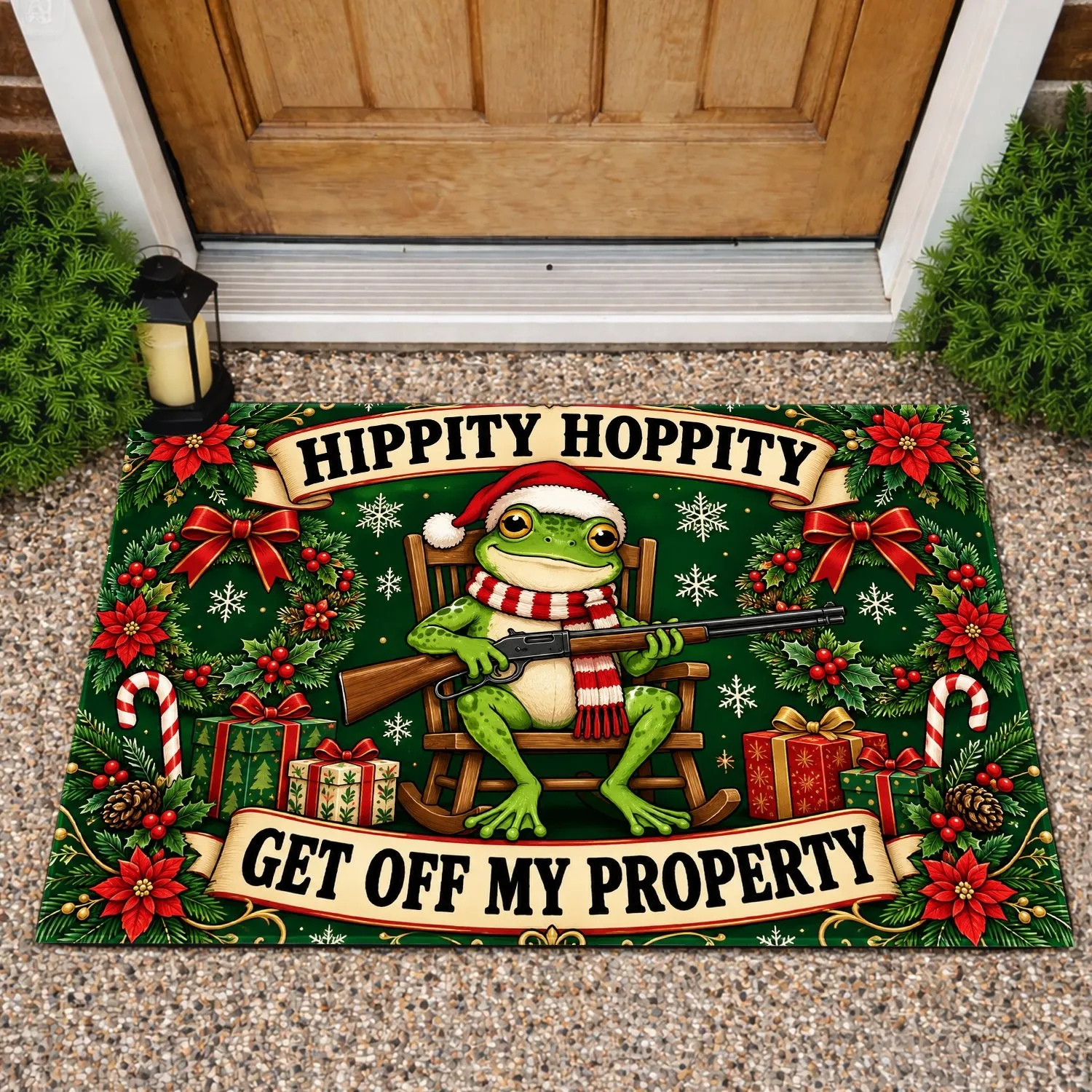 Funny Christmas Frog With Santa Hat And Wreaths For Festive Holiday Home Style Doormat - 1