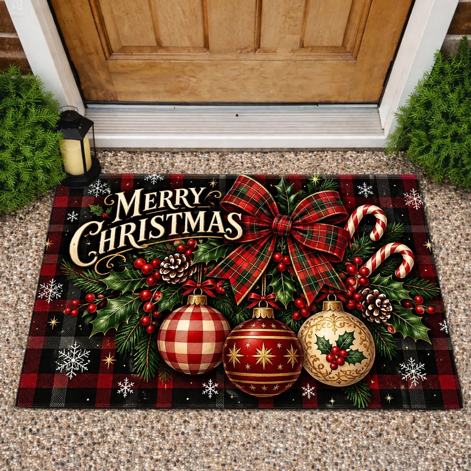 Christmas Plaid Bow And Baubles For Rustic Farmhouse Holiday Celebrations Doormat - 1