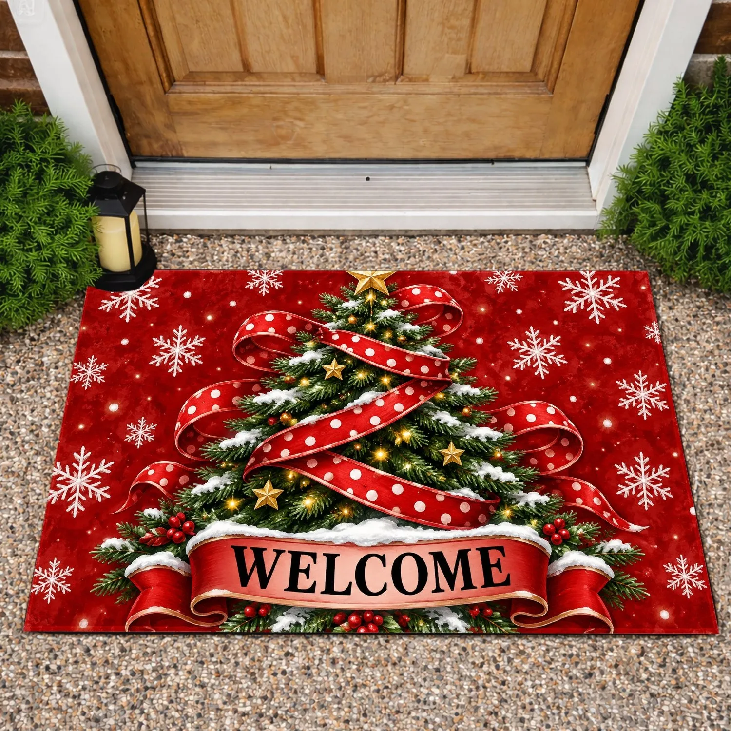 Christmas Tree Red Polka Dot Bow Snowflakes Holiday Entryway Winter Welcome Doormat - 1