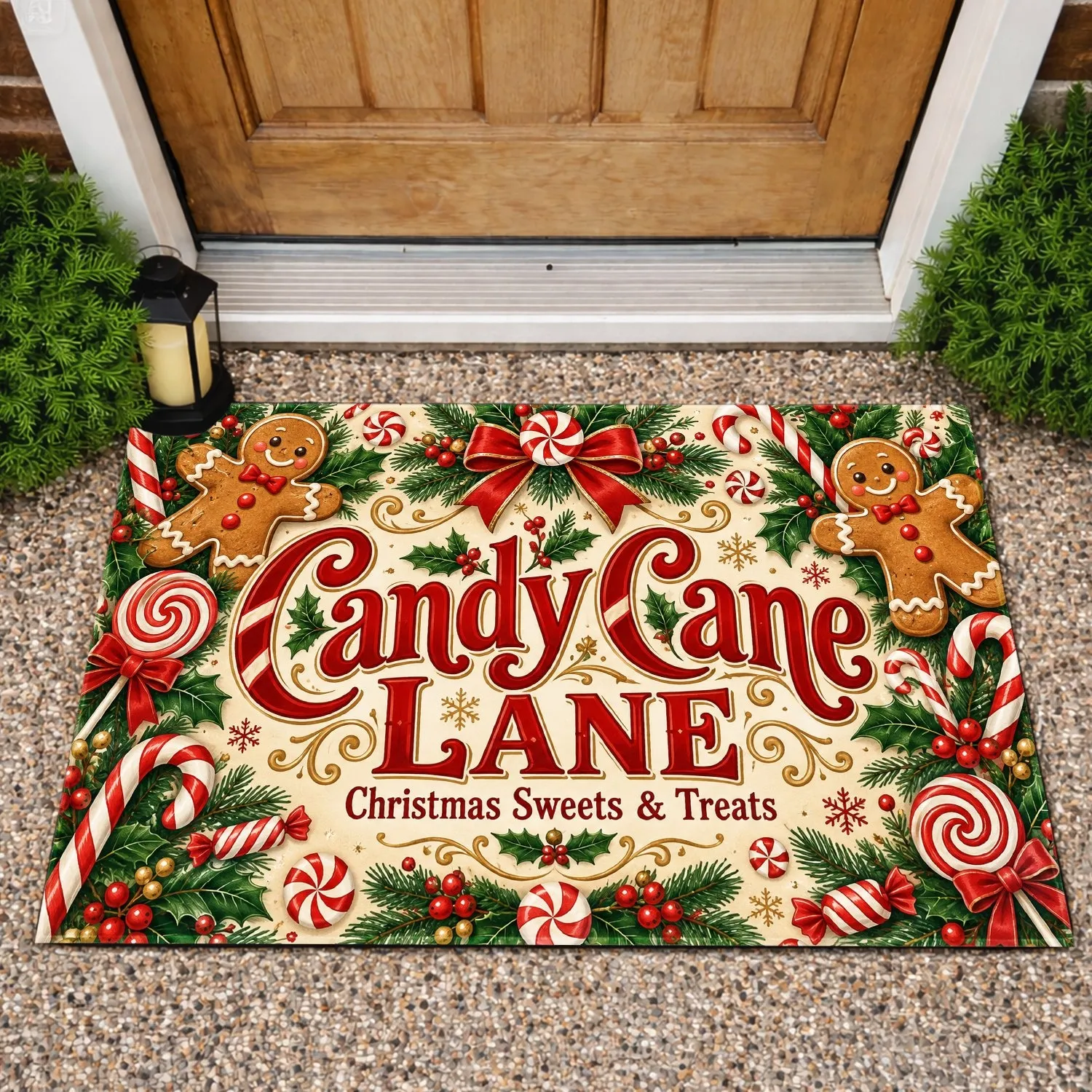 Candy Cane Lane Christmas Sweets and Holly Berry Holiday Entryway Cheer for Families Doormat - 1