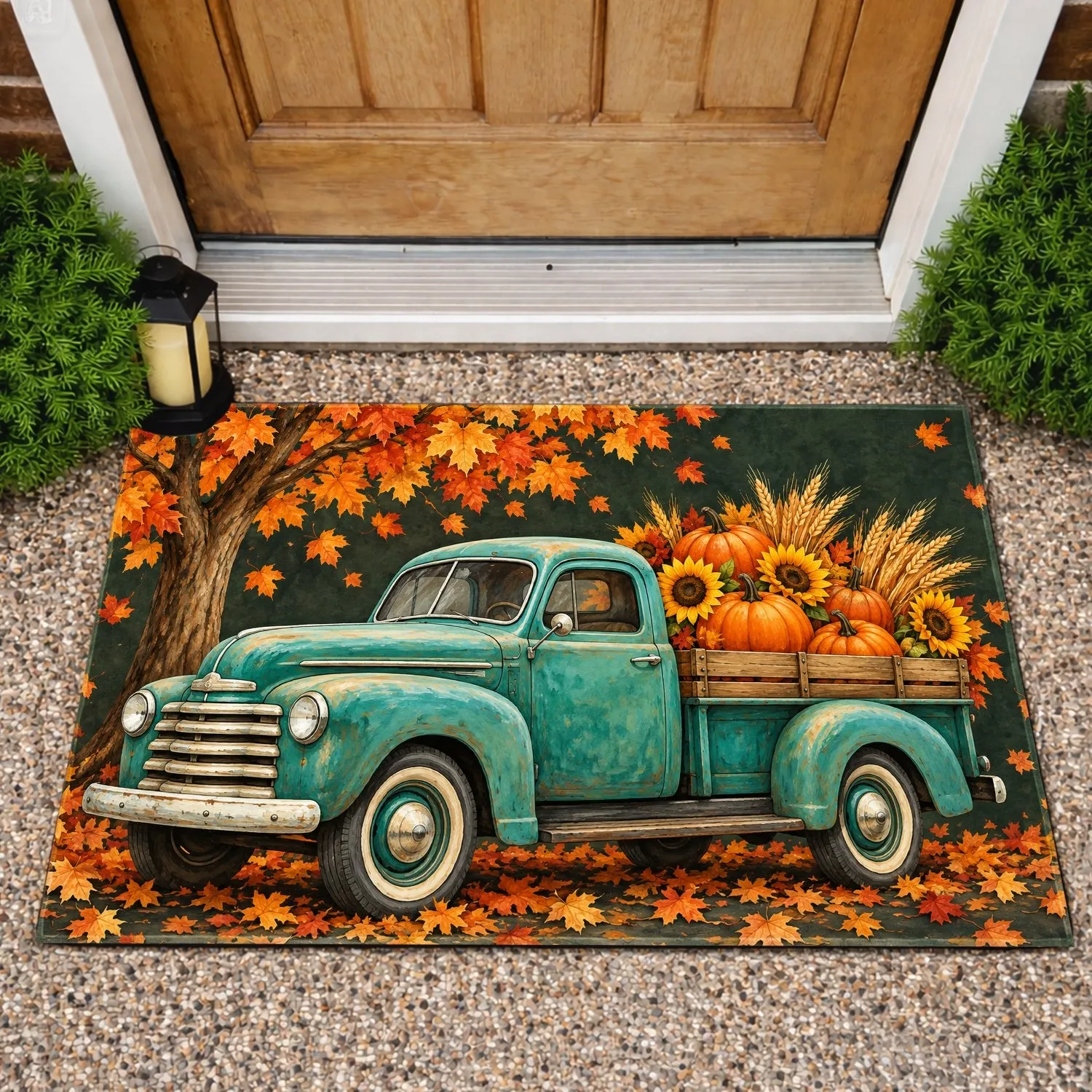 Vintage Teal Pickup Truck with Pumpkins for Cozy Autumn Harvest Seasonal Home Decor Doormat - 1