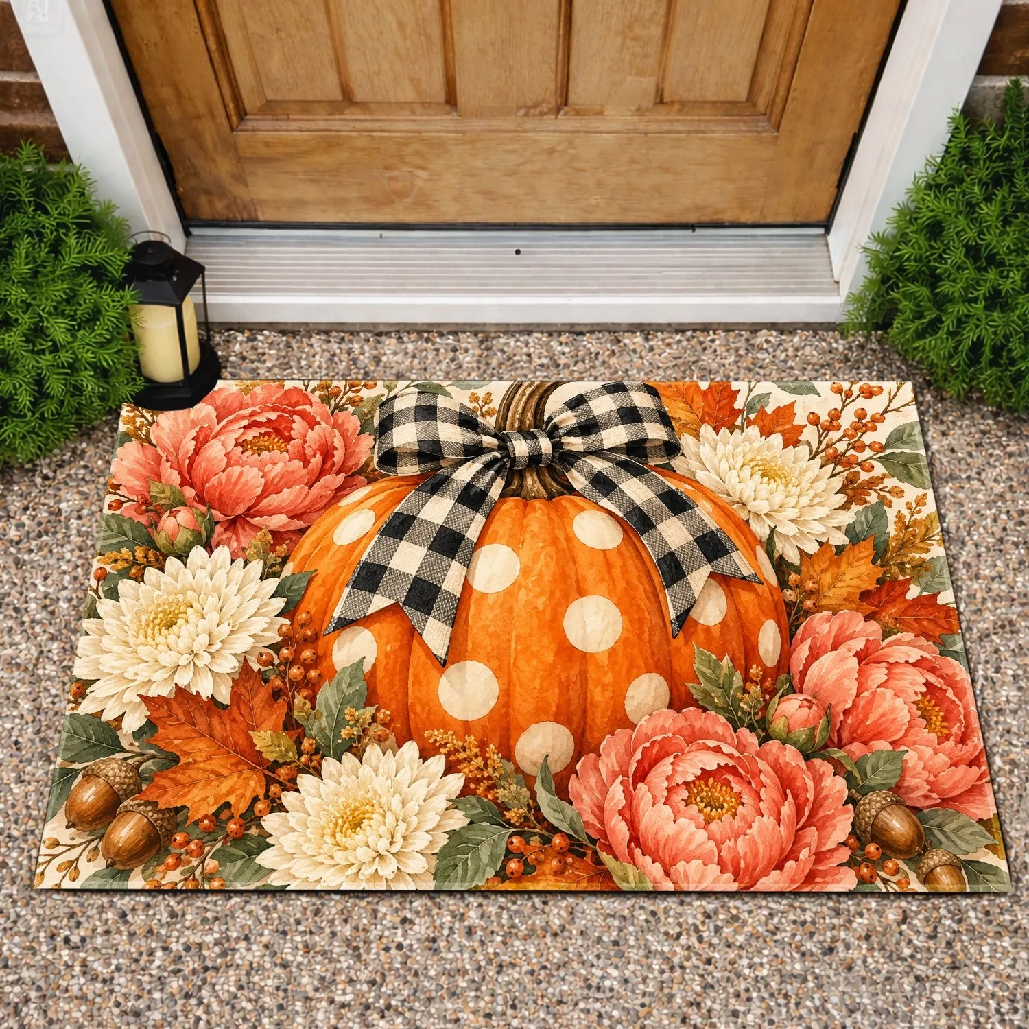 Polka Dot Pumpkin and Buffalo Plaid Bow and Peonies for Fall Thanksgiving Home Decor Doormat - 1