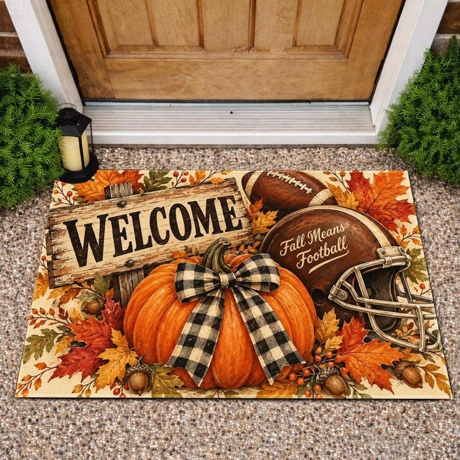 Autumn Football Pumpkin Welcome Scene for Harvest Season Home Entry and Sports Fans Doormat - 1