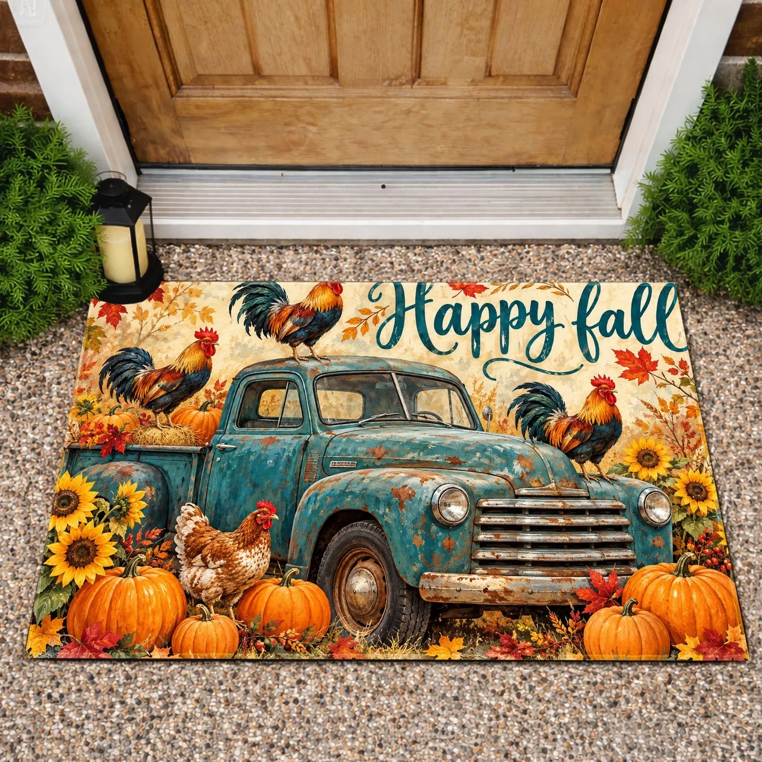 Teal Vintage Pickup Truck with Roosters and Pumpkins for Cozy Autumn Farmhouse Decor Doormat - 1