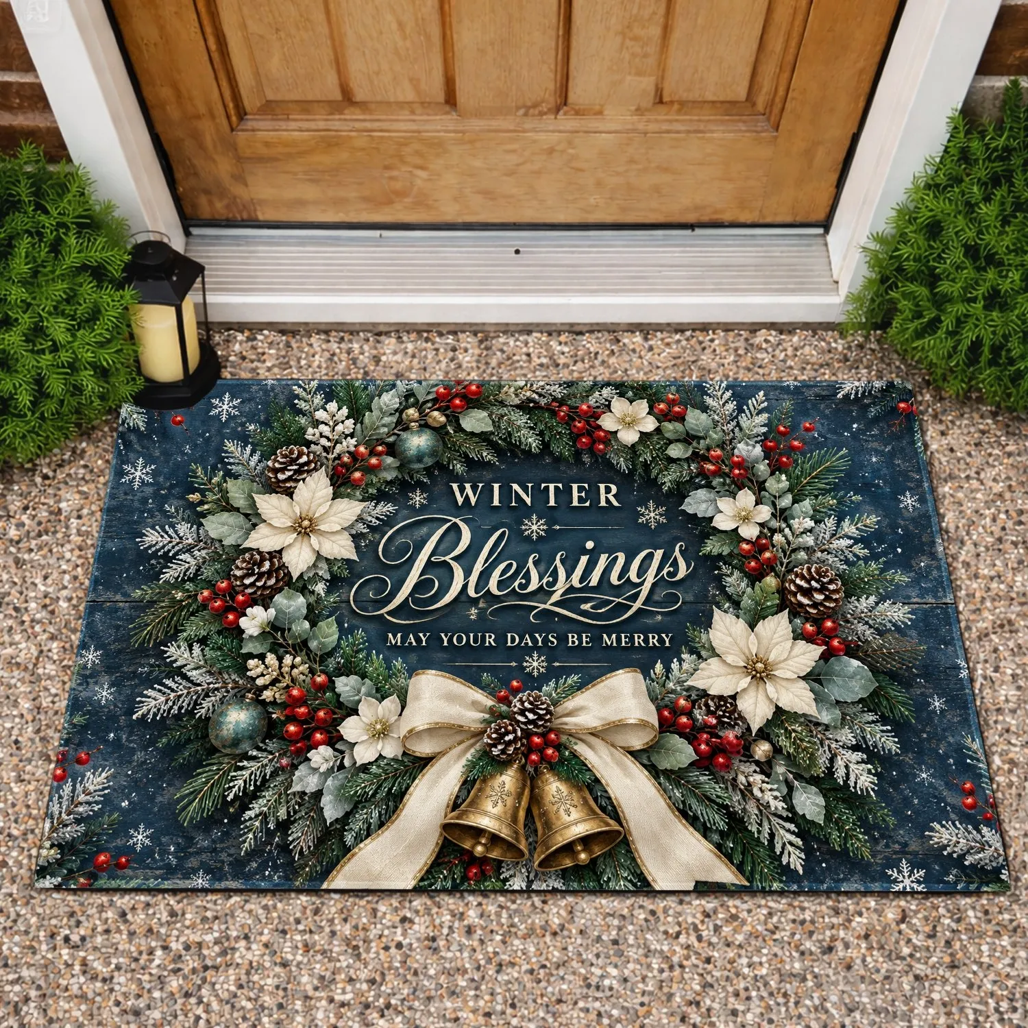 Winter Pine Wreath With Golden Bells for a Merry Christmas Holiday Home Doormat - 1