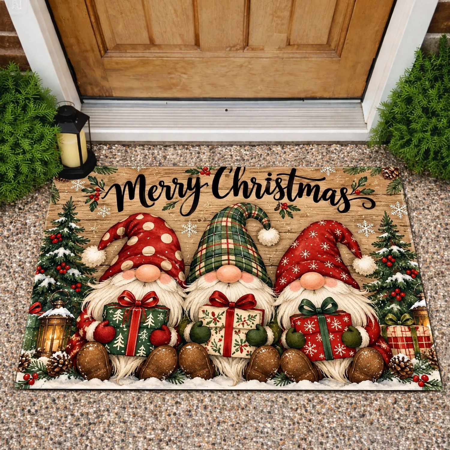 Three Christmas Gnomes With Gifts for a Cozy Holiday Welcome at Home This Winter Doormat - 1