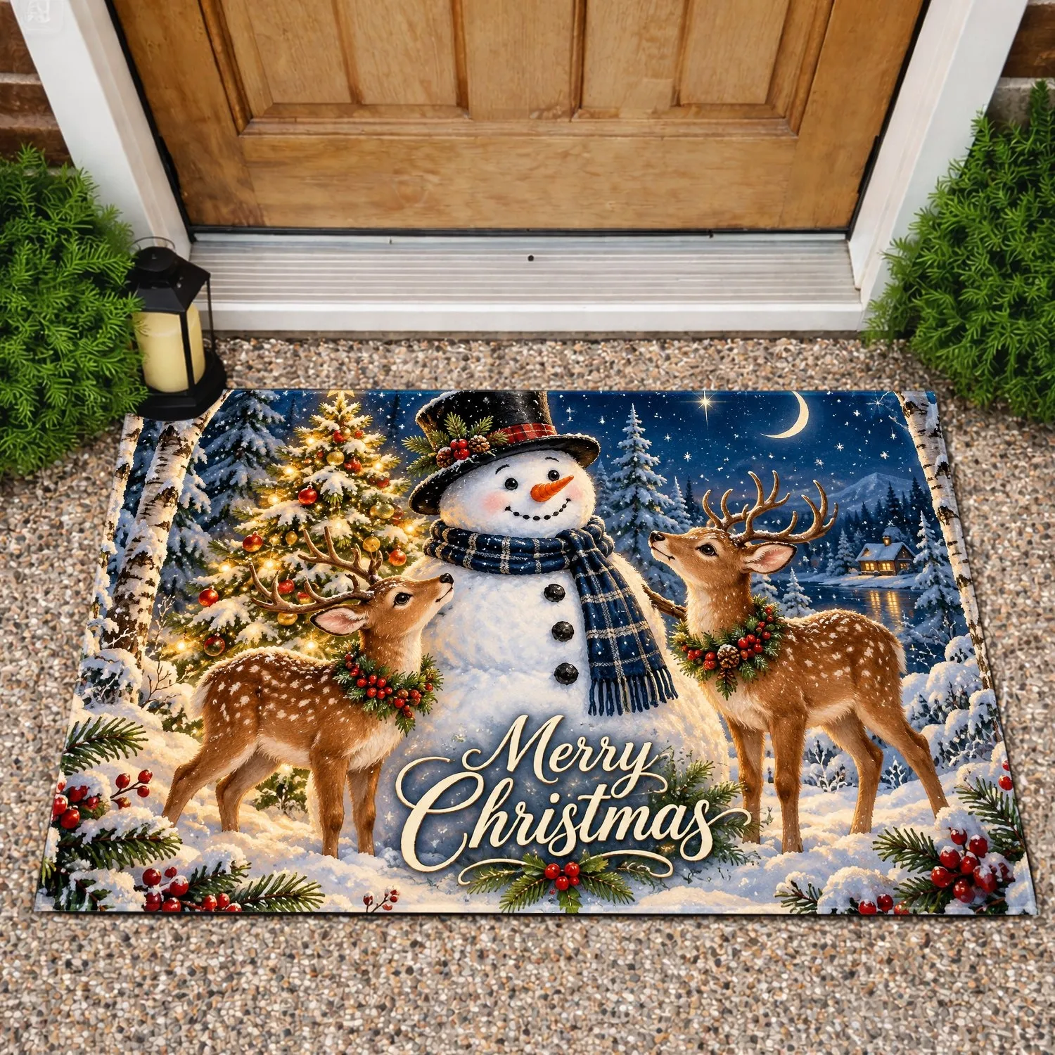 Snowman Reindeer Birch Forest Christmas Scene for Cozy Winter Holiday Homes Doormat - 1