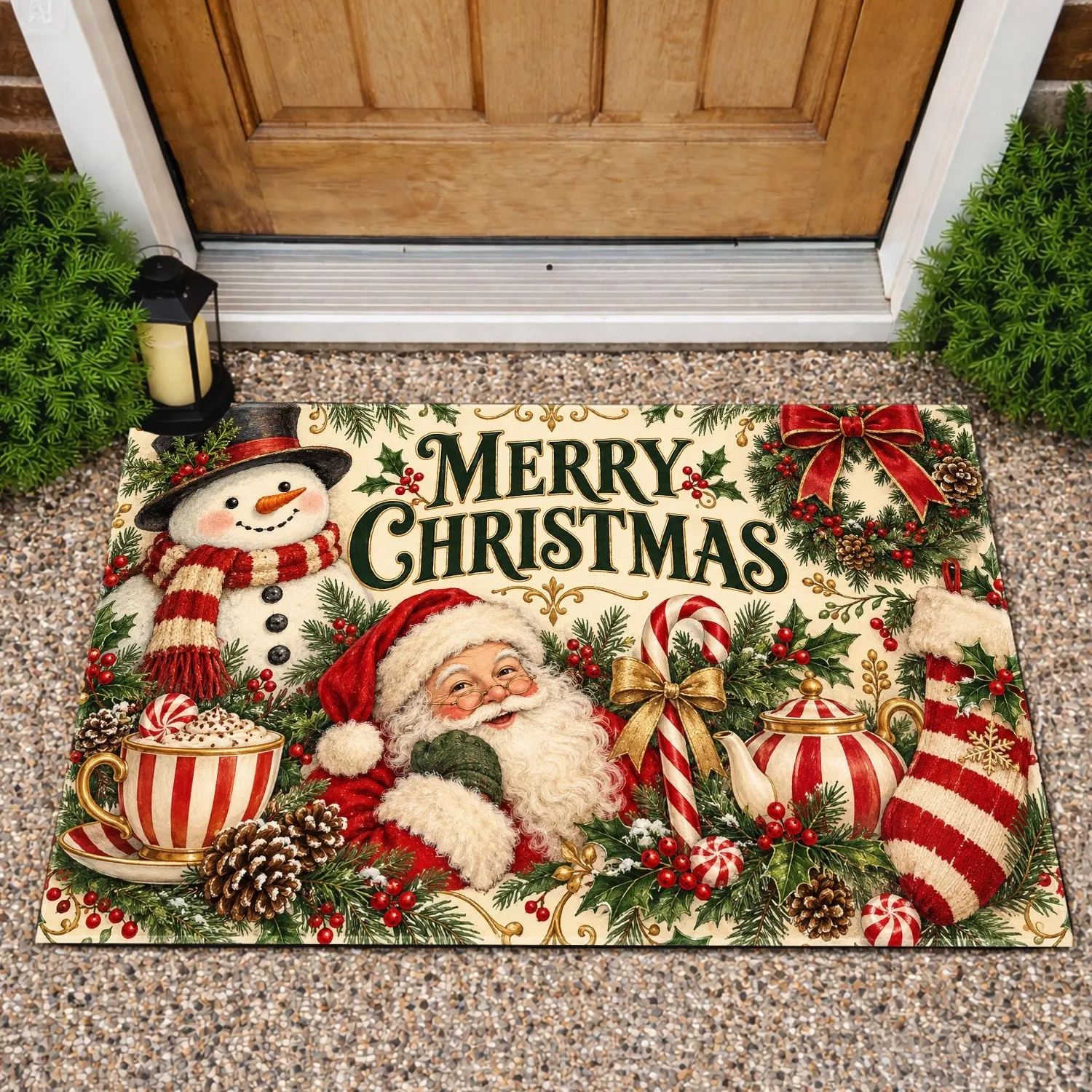Vintage Santa Snowman Christmas Teacup Holiday Cheer for Cozy Farmhouse Homes Doormat - 1